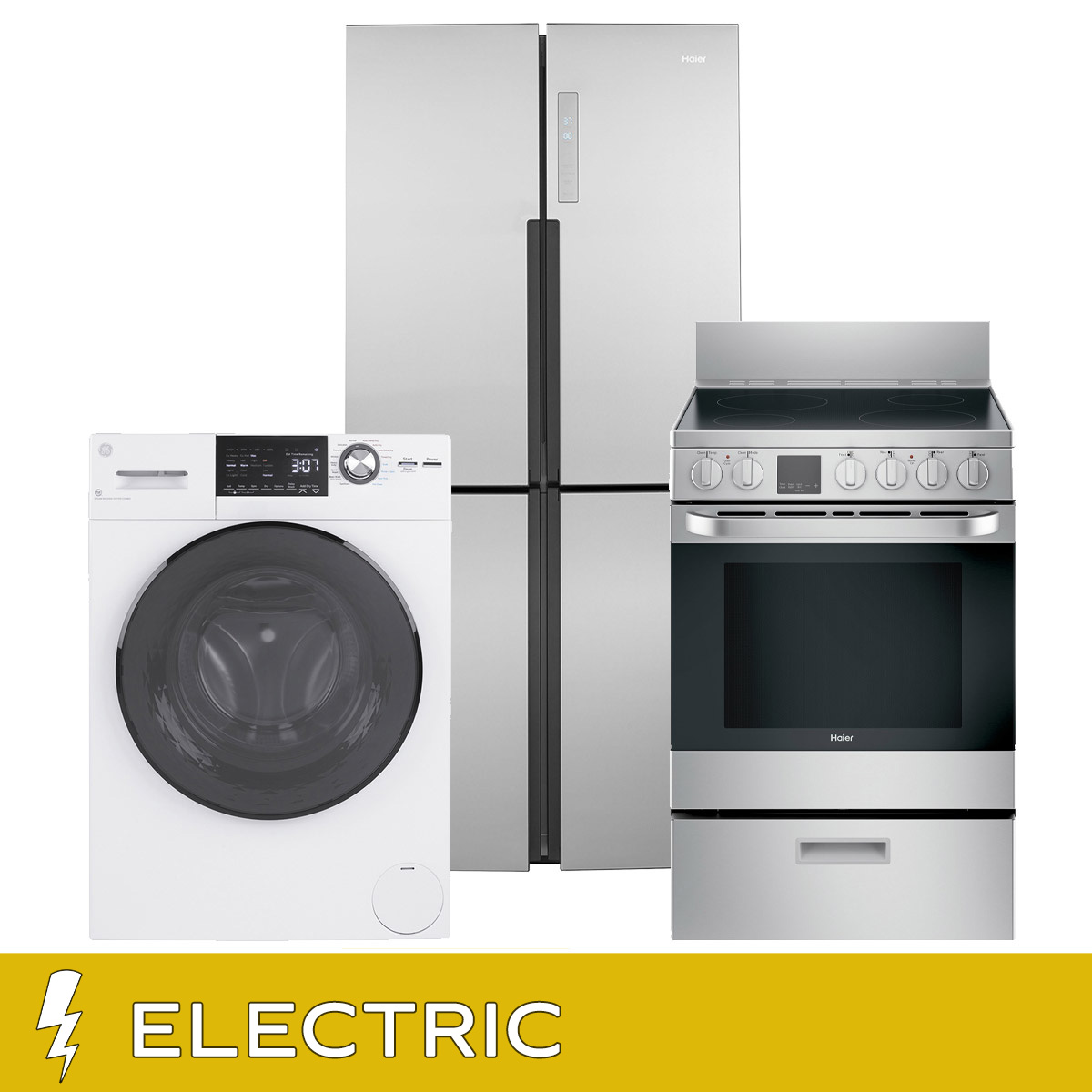 GE 3-piece ELECTRIC Compact Living Package with Haier Refrigerator
