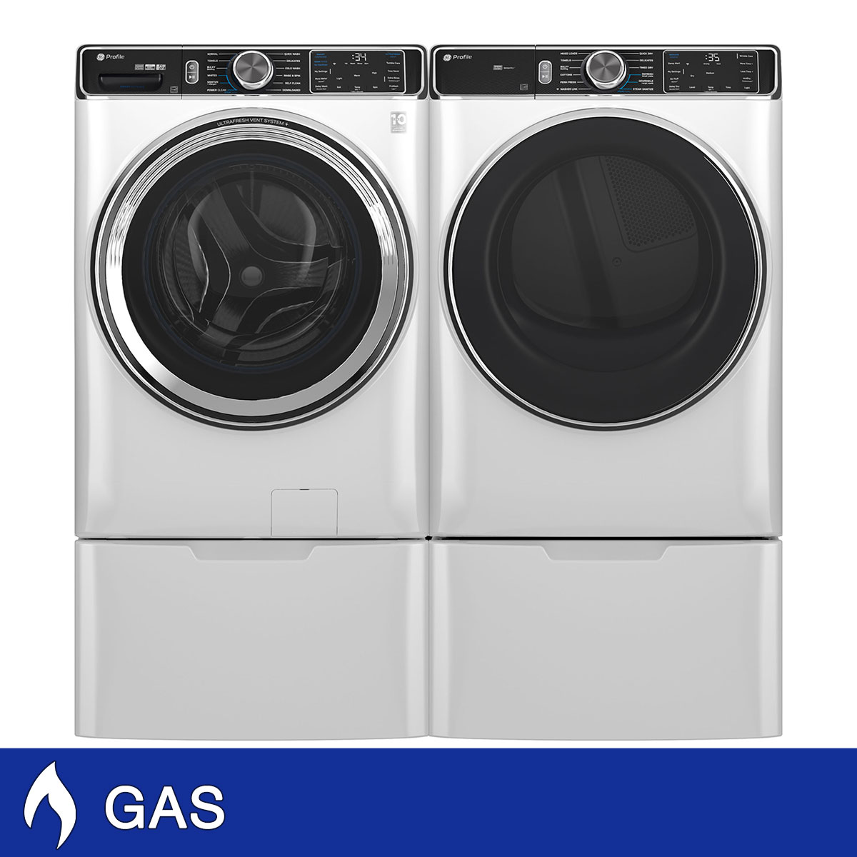 GE Profile 5.3 cu. ft. Front Load Washer with UltraFresh Vent System+ and 7.8 cu. ft. Front Load GAS Dryer with Steam and Sanitize Cycle with Storage Pedestals