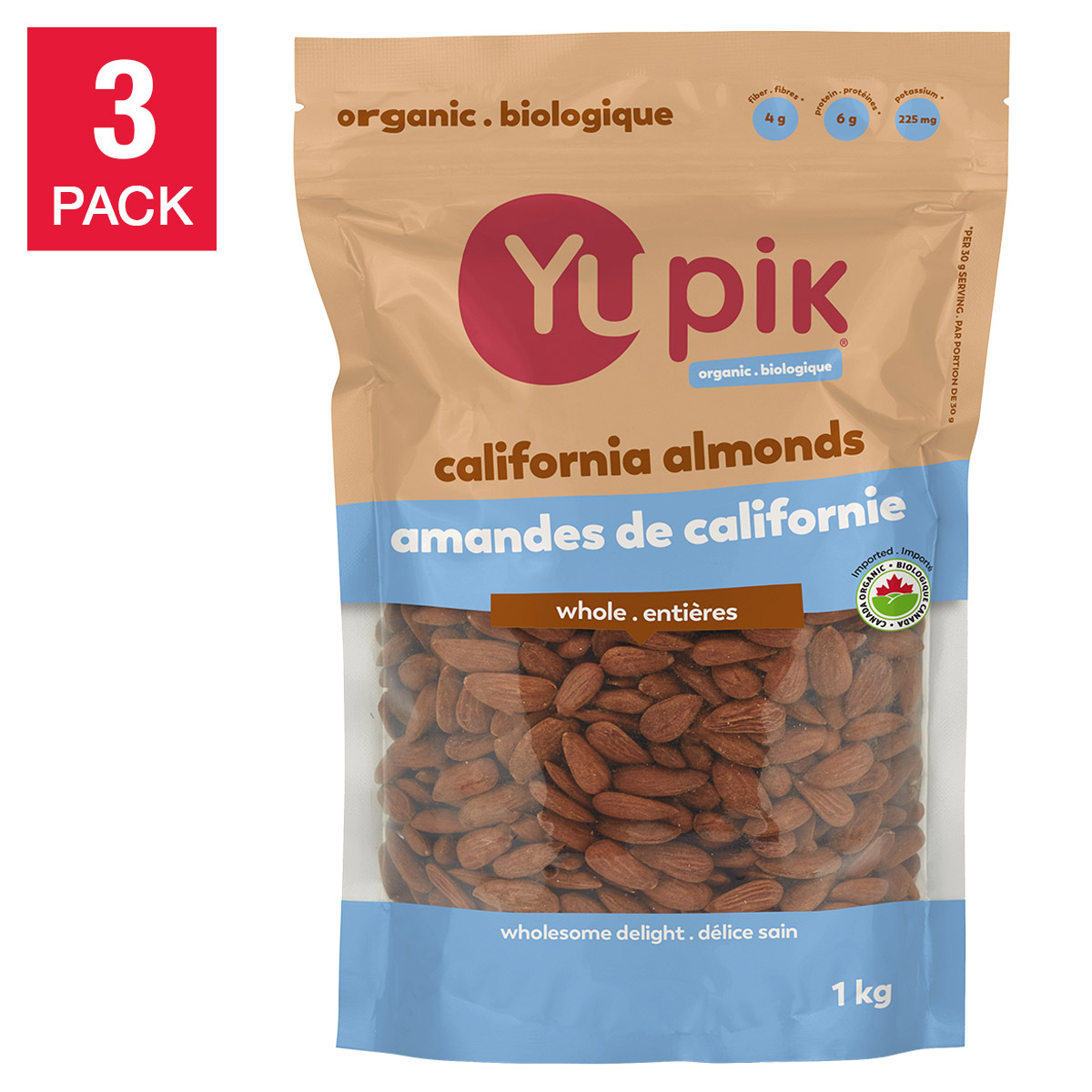 Yupik Organic Raw Almonds, 3 × 1 kg