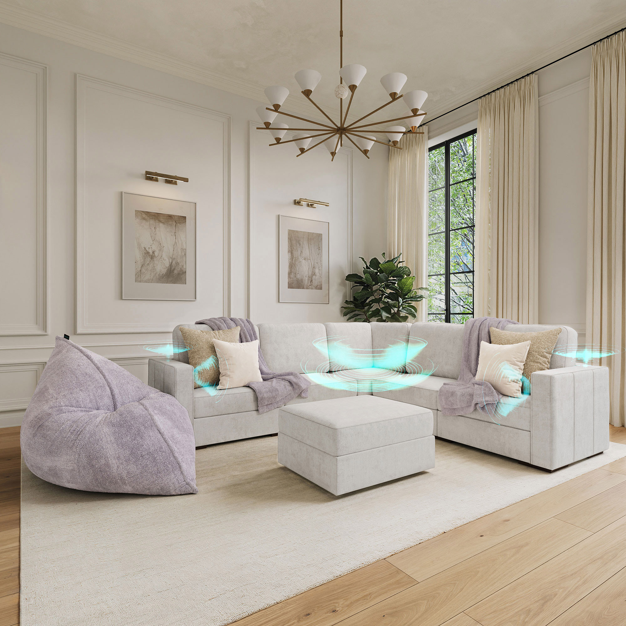 Lovesac Modular Sectional Sofa Bundle 6 Seats/8 Square Sides with Storage and 6-Speaker Surround Sound System