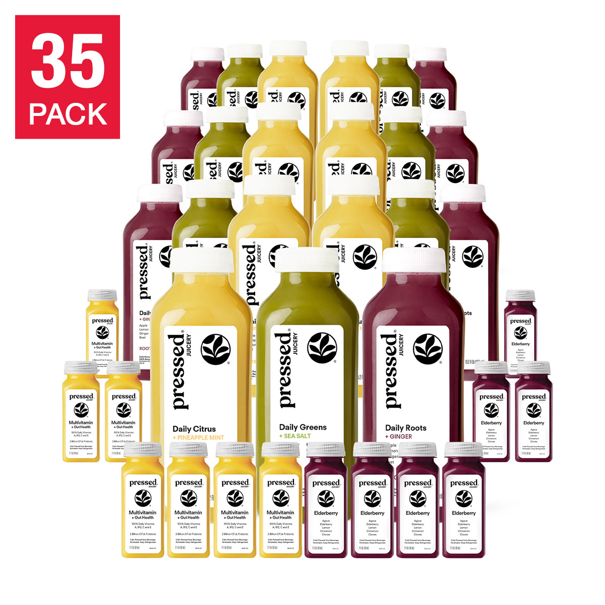 Pressed Juicery 7 Day- Daily Wellness Variety Pack - 35 bottles  21 Juices & 14 Shots