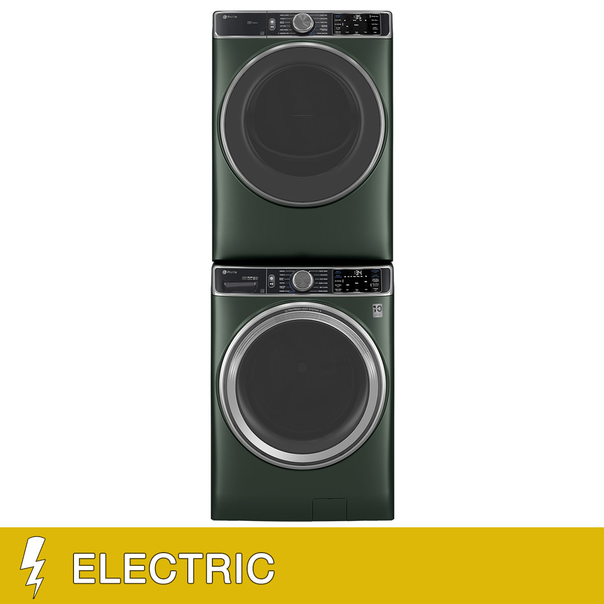 GE Profile 5.5 cu. ft. Smart Front Load Washer with UltraFresh Vent System+ and 7.8 cu. ft. Smart ELECTRIC Front Load Dryer with Steam and Sanitize Cycle with Stacking Kit