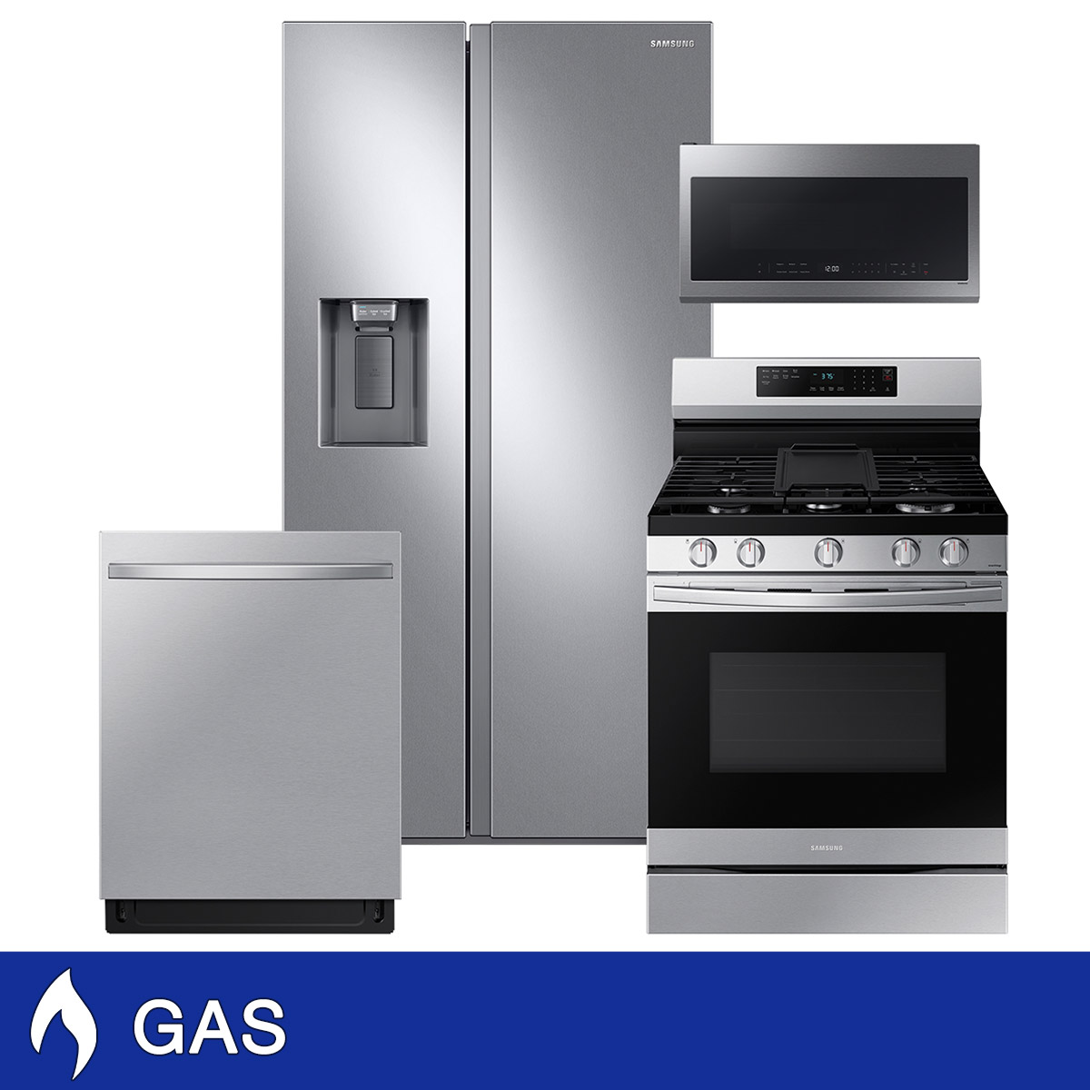 Samsung 4-Piece GAS Kitchen Package with Full Depth Side by Side Refrigerator