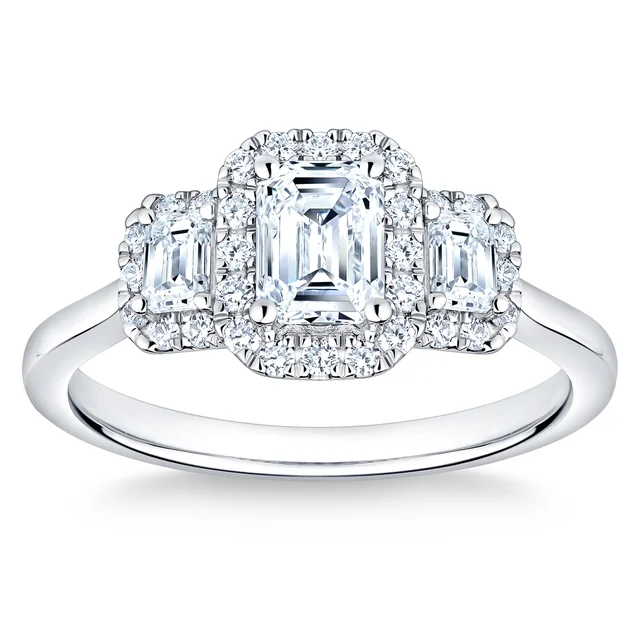 Emerald Cut & Round Brilliant 1.17 ctw VS2 Clarity, G Color Diamond Platinum Three Stone Ring, Size 7