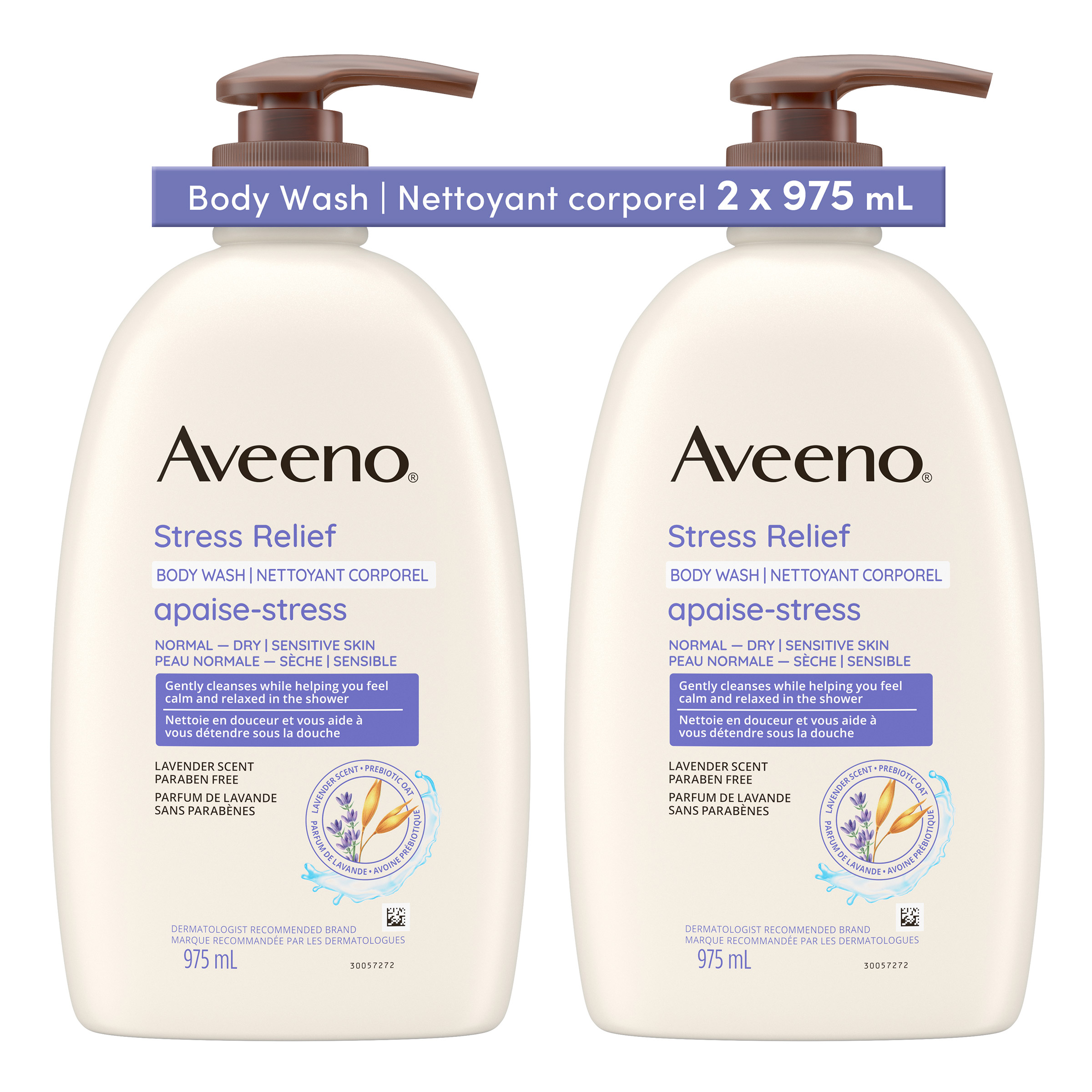 Aveeno Stress Relief Body Wash for Dry Skin, 2 x 975 mL