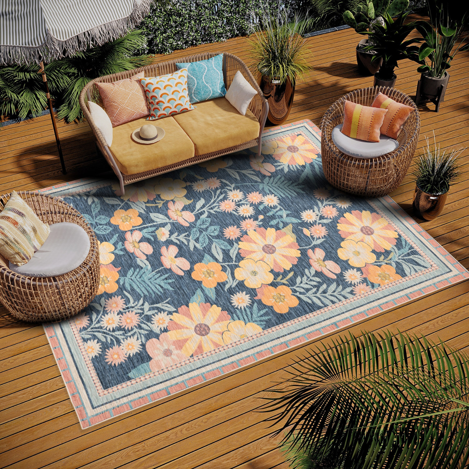 Viana Amalfi Collection Navy Floral Indoor/Outdoor Area Rug | Costco