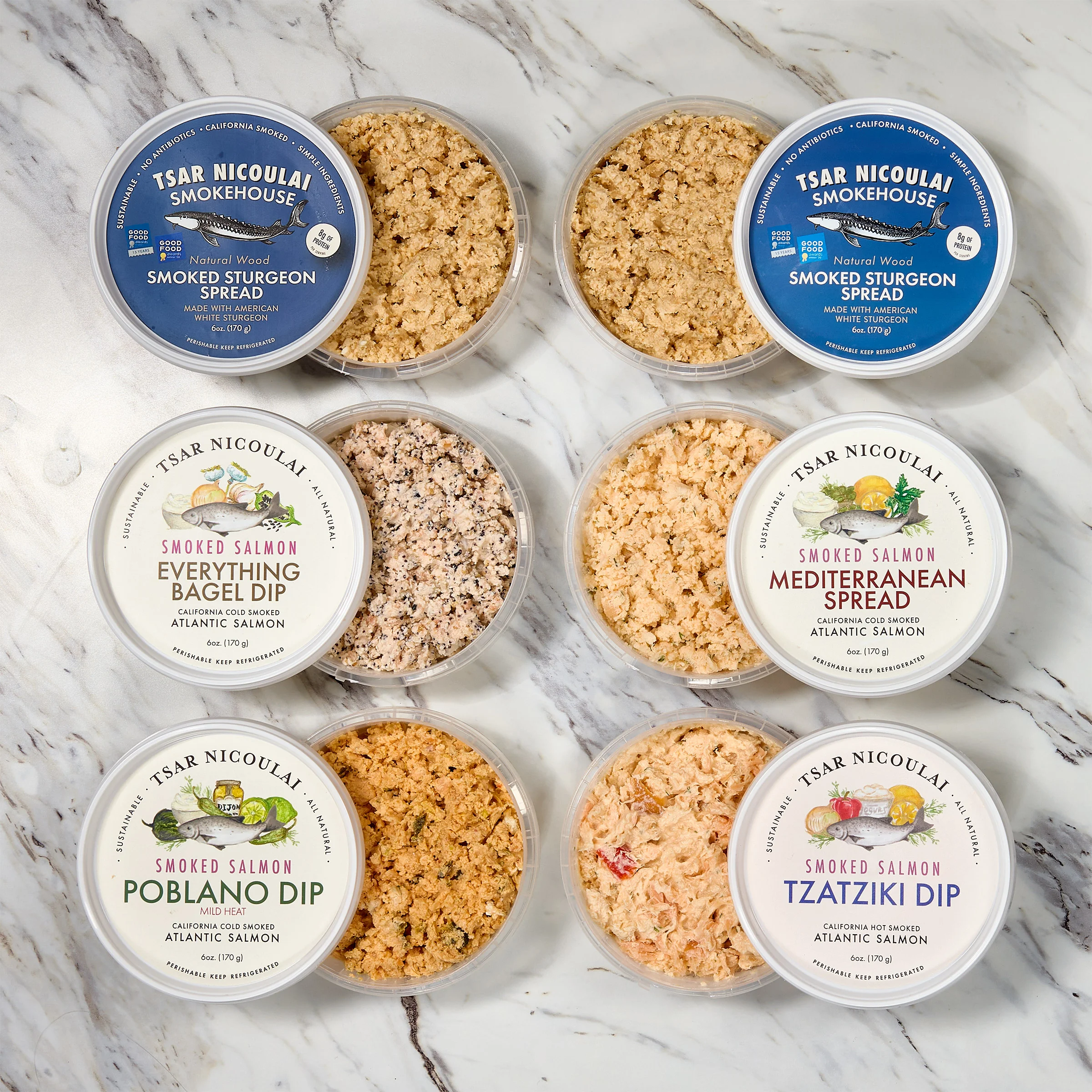 Tsar Nicoulai Smoked Sturgeon Spread & Salmon Dip Variety 6 Pack, 6 oz each