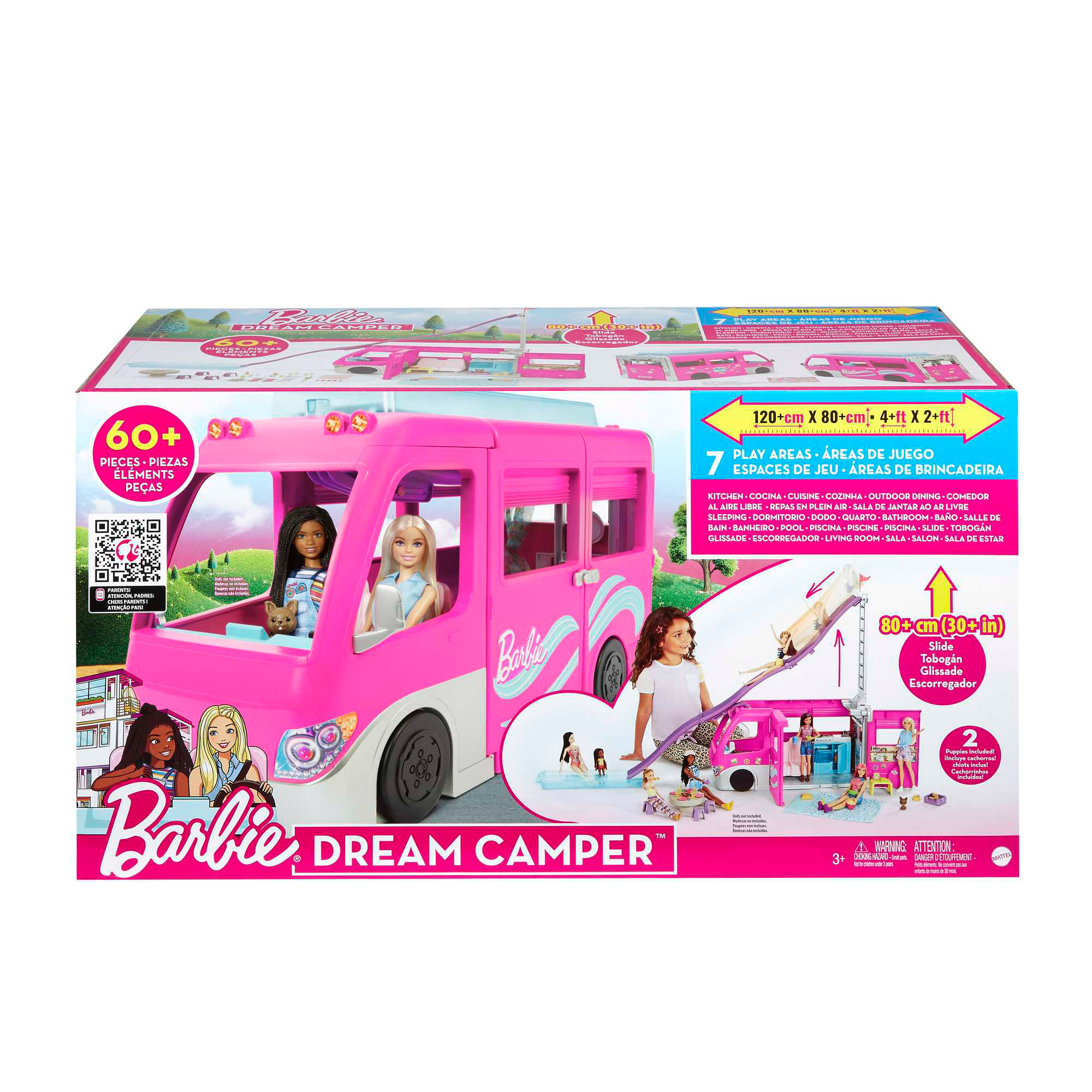 Barbie Camper Playset, DreamCamper Toy Vehicle with 60 Accessories Including Furniture, Pool and 30-inch Slide, 2 Dolls																		 																				