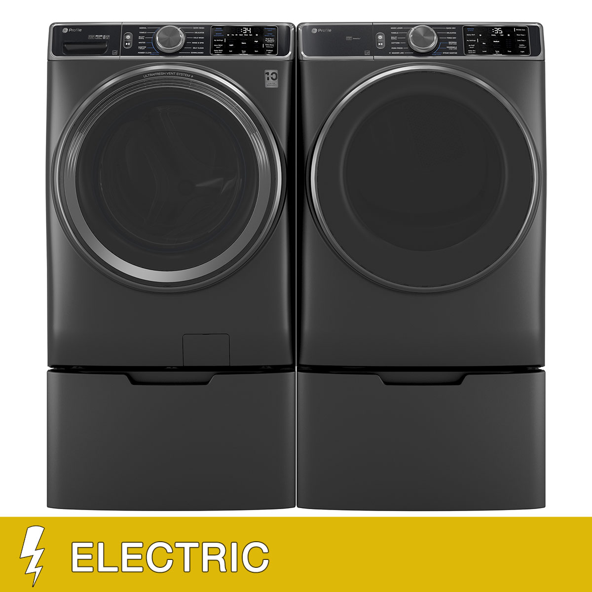 GE Profile 5.5 cu. ft. Smart Front Load Washer with UltraFresh Vent System+ and 7.8 cu. ft. Smart ELECTRIC Front Load Dryer with Steam and Sanitize Cycle with Storage Pedestals