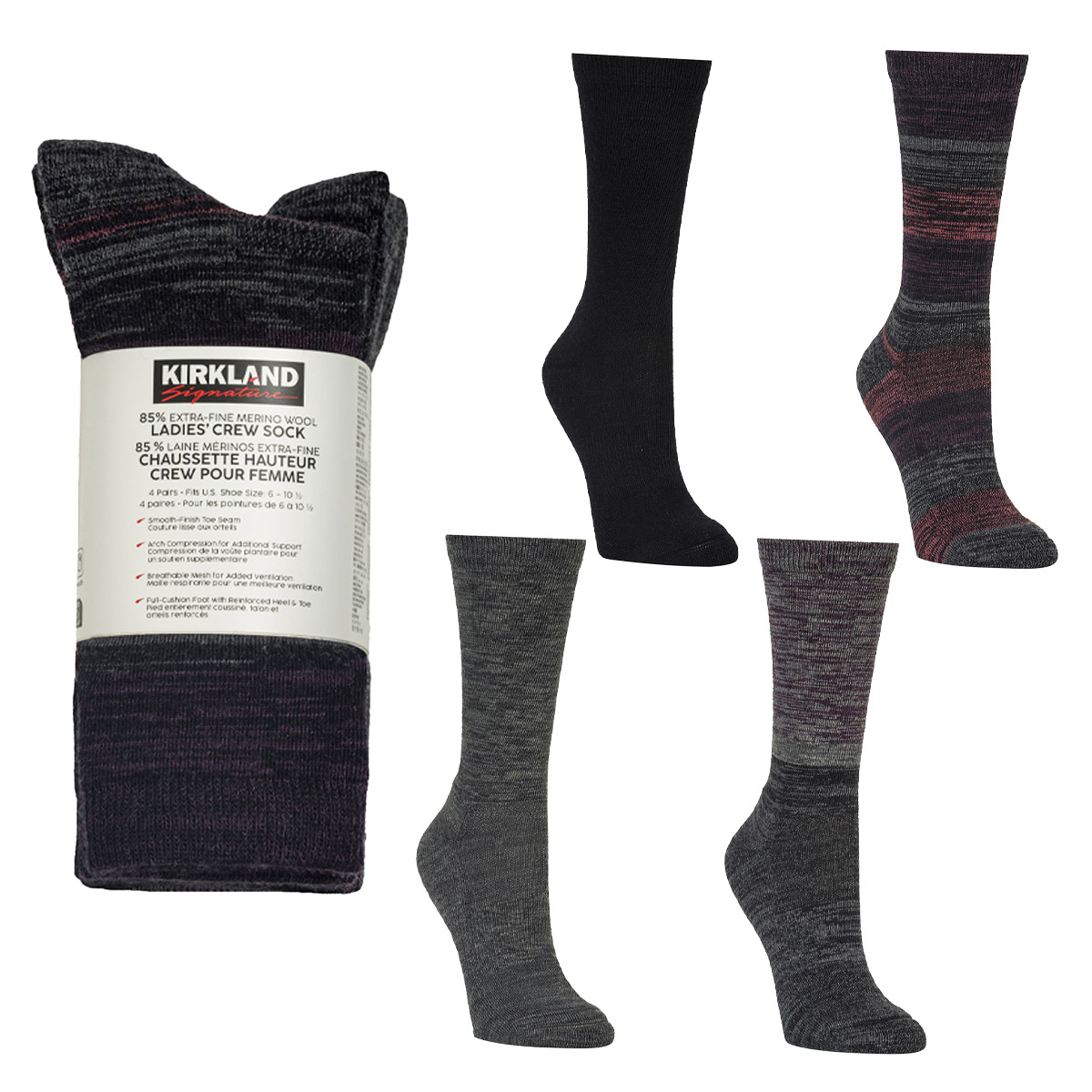 Kirkland Signature Women’s Merino Wool Crew Sock, 4-pair