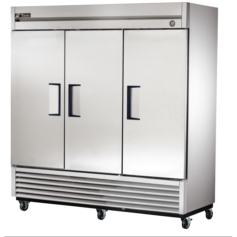 True 78 in. 72 cu ft. Stainless Steel Reach-In Solid Swing 3 Door Refrigerator