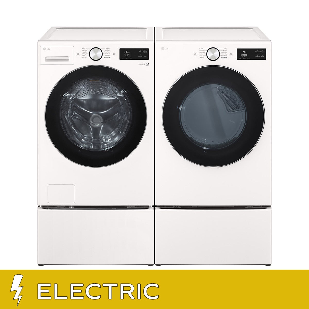 LG 5.0 cu. ft. Mega Capacity Smart Front Load Washer with TurboWash and LG 7.4 cu. ft. Ultra Large Capacity Smart Front Load Electric Dryer with Storage Pedestal