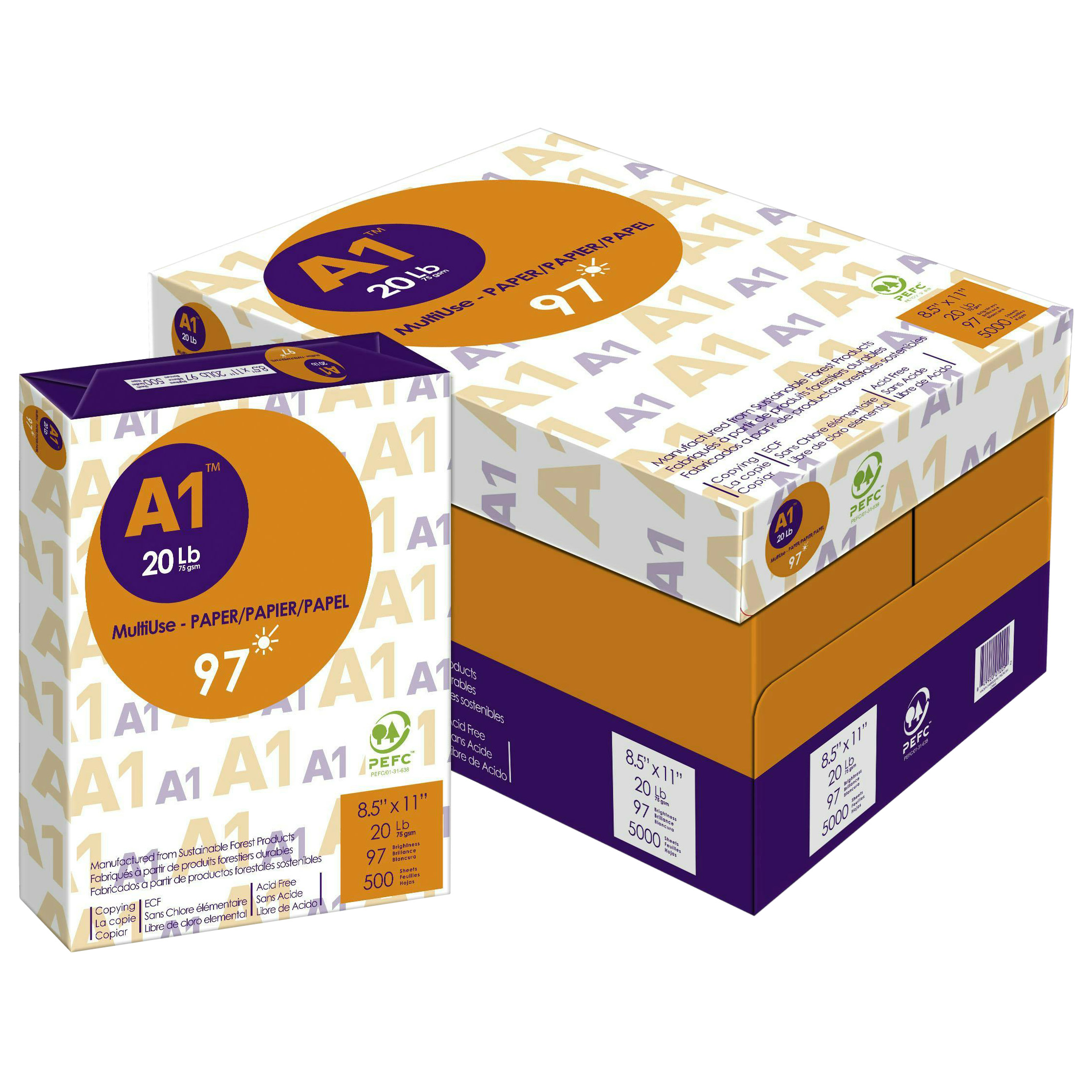 A1- Premium Multipurpose Printer Paper; Letter 8.5 in. x 11 in., 97 Bright  20 lb., Case Pricing Order of 16-39