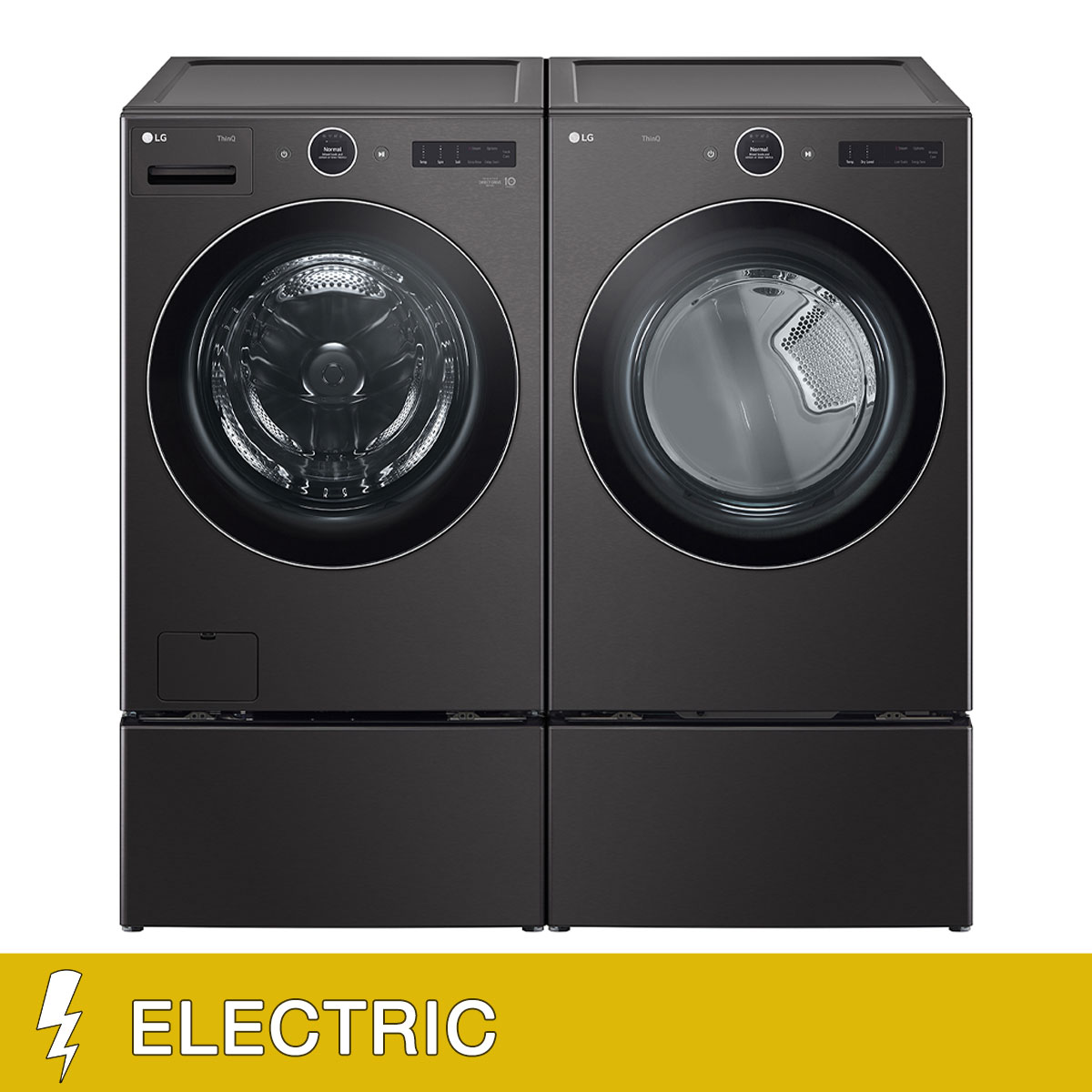 LG 5.0 cu. ft. Mega Capacity Smart Front Load Washer with AI DD 2.0 and 7.4 cu. ft. ELECTRIC Ultra Large Capacity Dryer with TurboSteam with Storage Pedestals