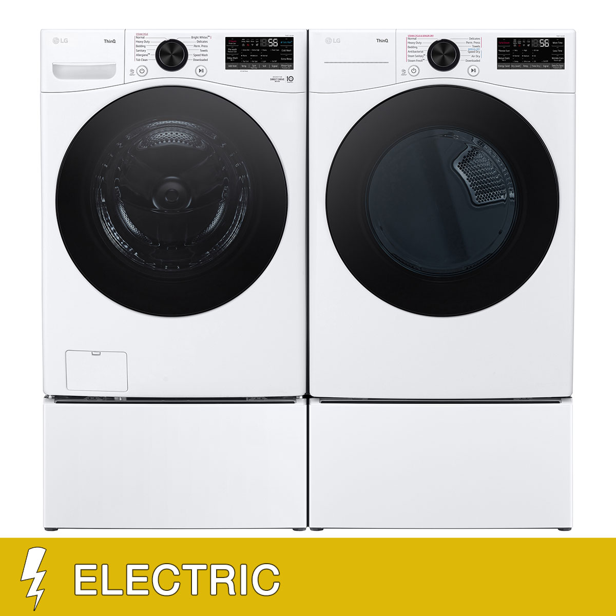 LG 4.5 cu. ft. Front Load Washer with TurboWash 360 and 7.4 cu. ft. ELECTRIC Dryer with TurboSteam and Built-In Intelligence with Washer and Storage Pedestal