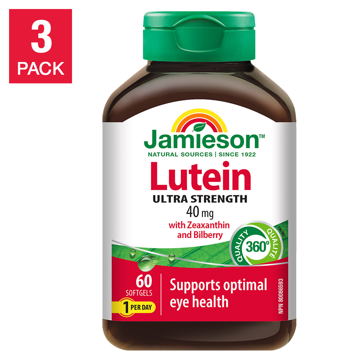 Jamieson Lutein 40 mg with Zeaxanthin & Bilberry, 3 x 60 Softgels