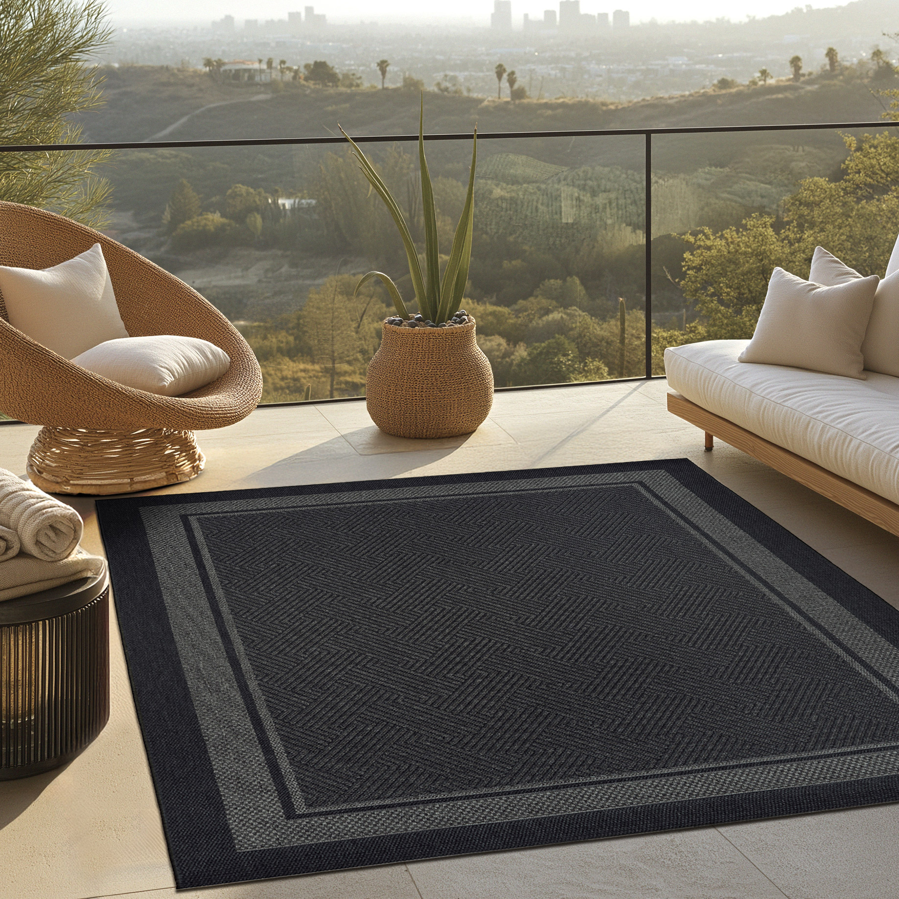 Ravenna Indoor/Outdoor Rug  Geo Border Charcoal