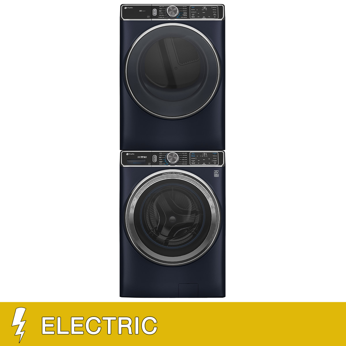 GE Profile 5.3 cu. ft. Front Load Washer with UltraFresh Vent System+ and 7.8 cu. ft. Front Load ELECTRIC Dryer with Steam and Sanitize Cycle with Stacking Kit