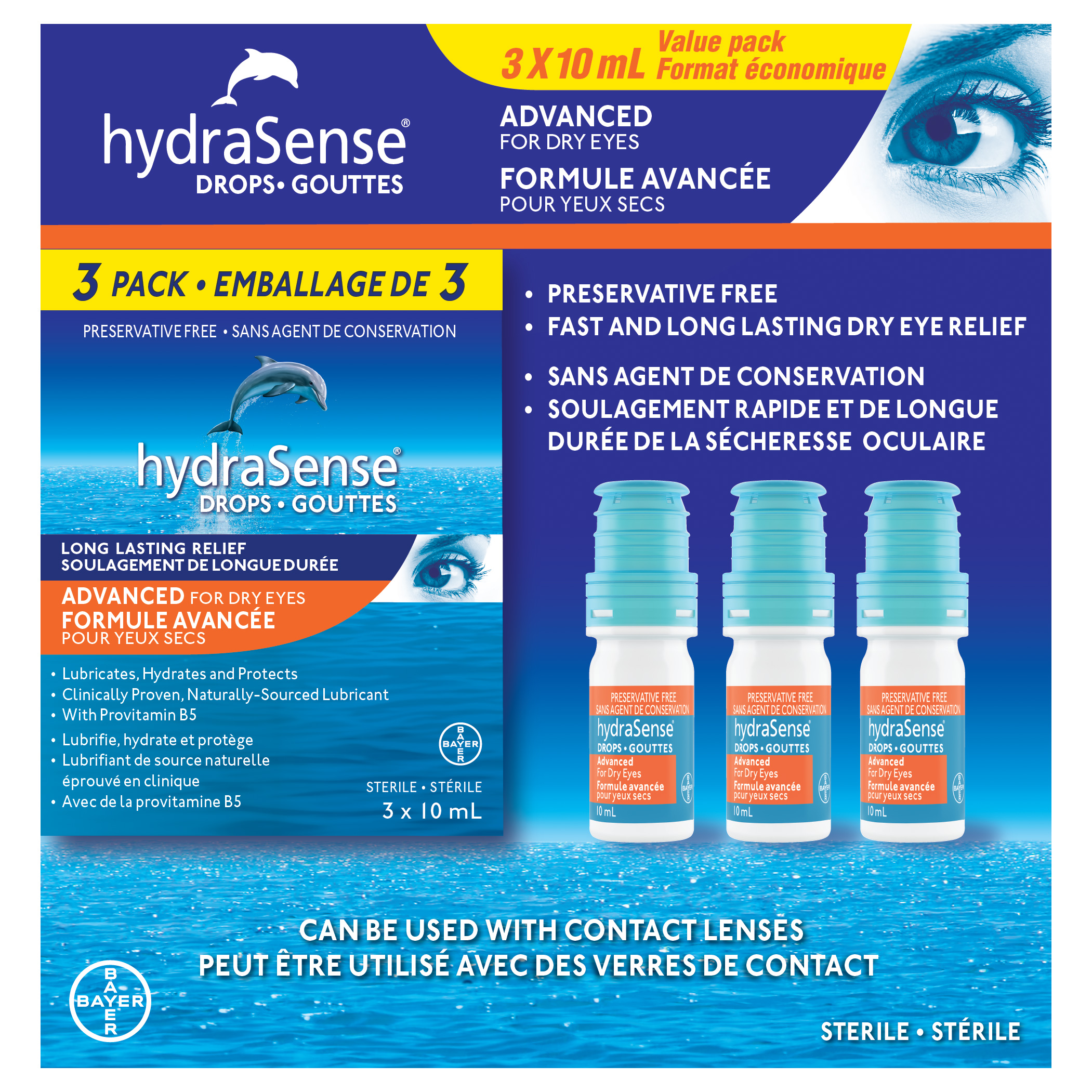 HydraSense - Gouttes pour les yeux secs, formule avancée, 3 x 10 ml