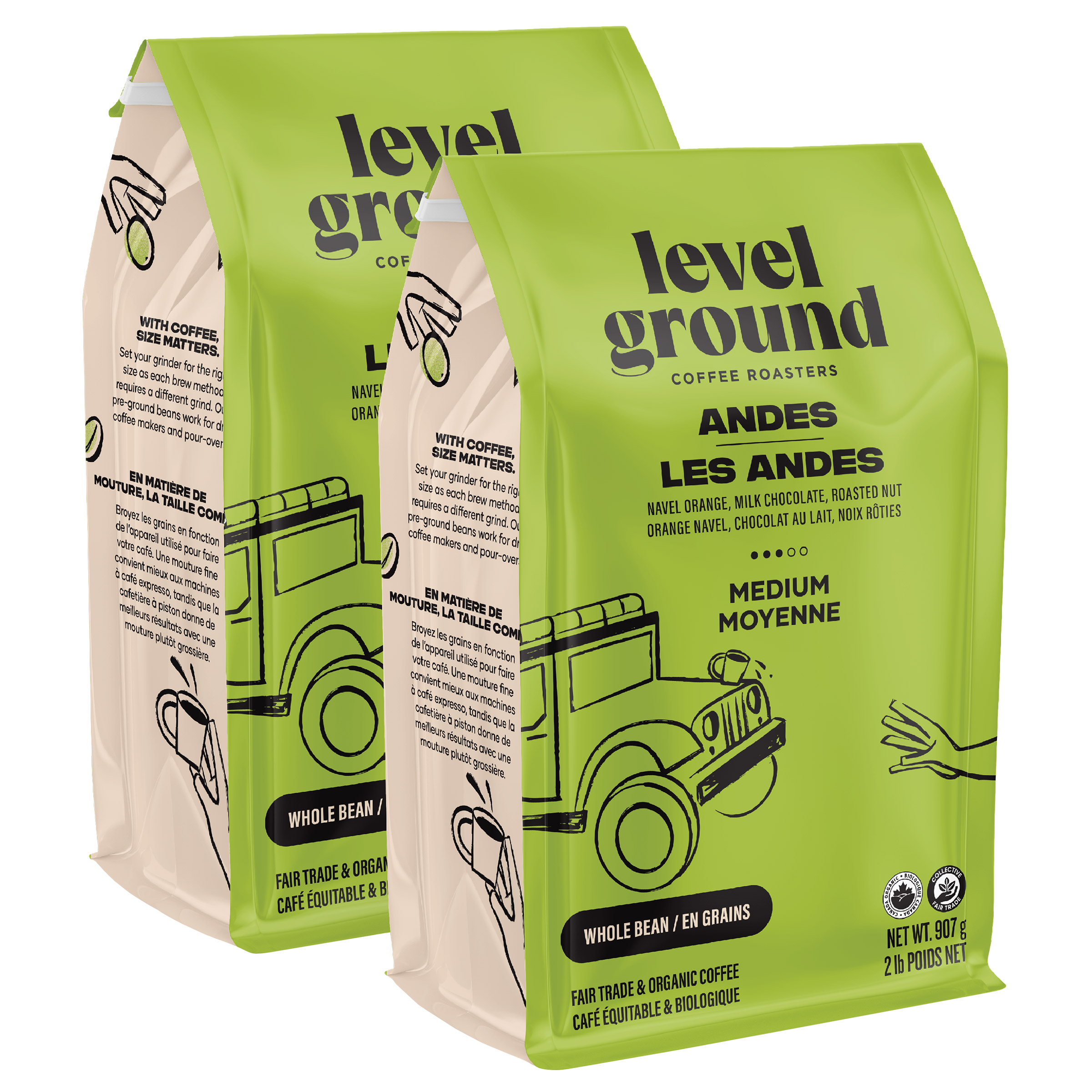 Level Ground Andes Mountains Medium Roast Organic Whole Bean Coffee, 2 × 907 g