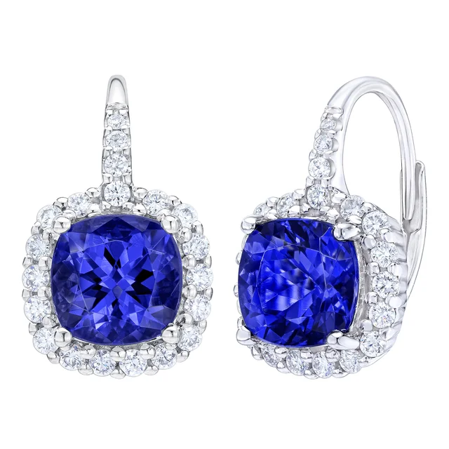 Cushion Cut 7 mm Tanzanite and Diamond 14kt White Gold Earrings