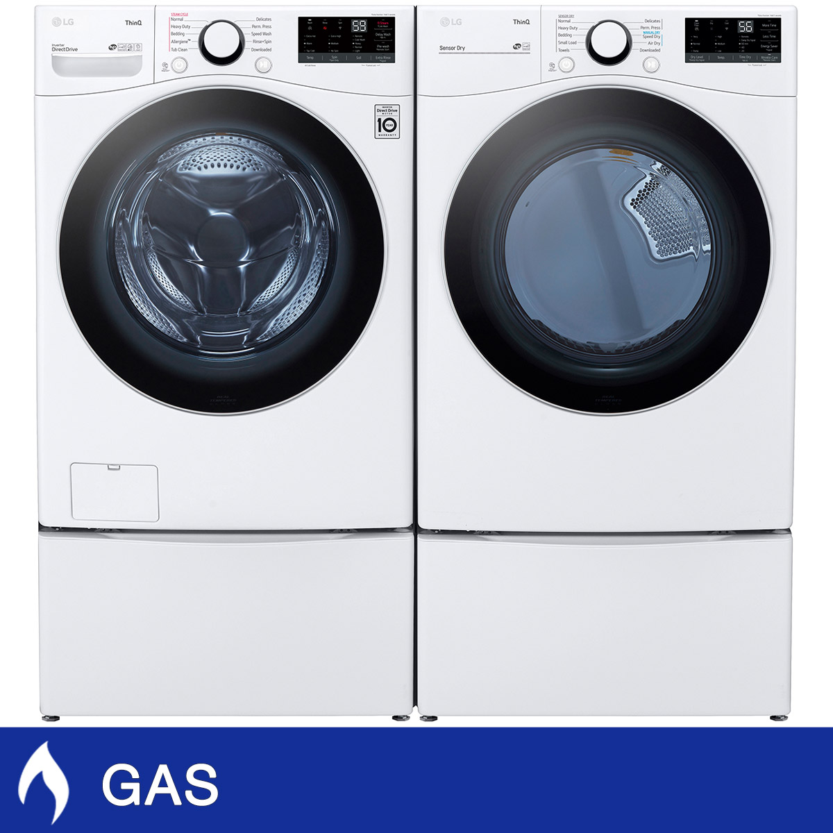 LG Laundry Bundle 5.2 cu ft. Front Load Washer and 7.4 cu ft. Gas Dryer with Laundry Pedestal