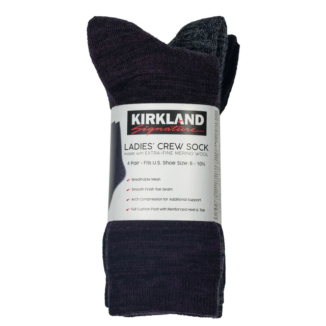 KIRKLAND SIGNATURE WOMEN'S WOOL BLEND CREW SOCK 4 PR