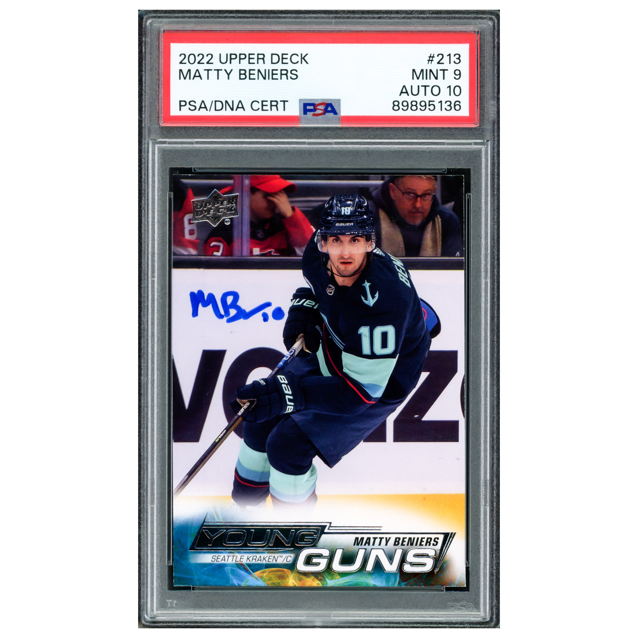Matty Beniers Autographed 2022 Upper Deck Young Guns Rookie Card #213 Seattle Kraken - PSA/DNA Authenticated