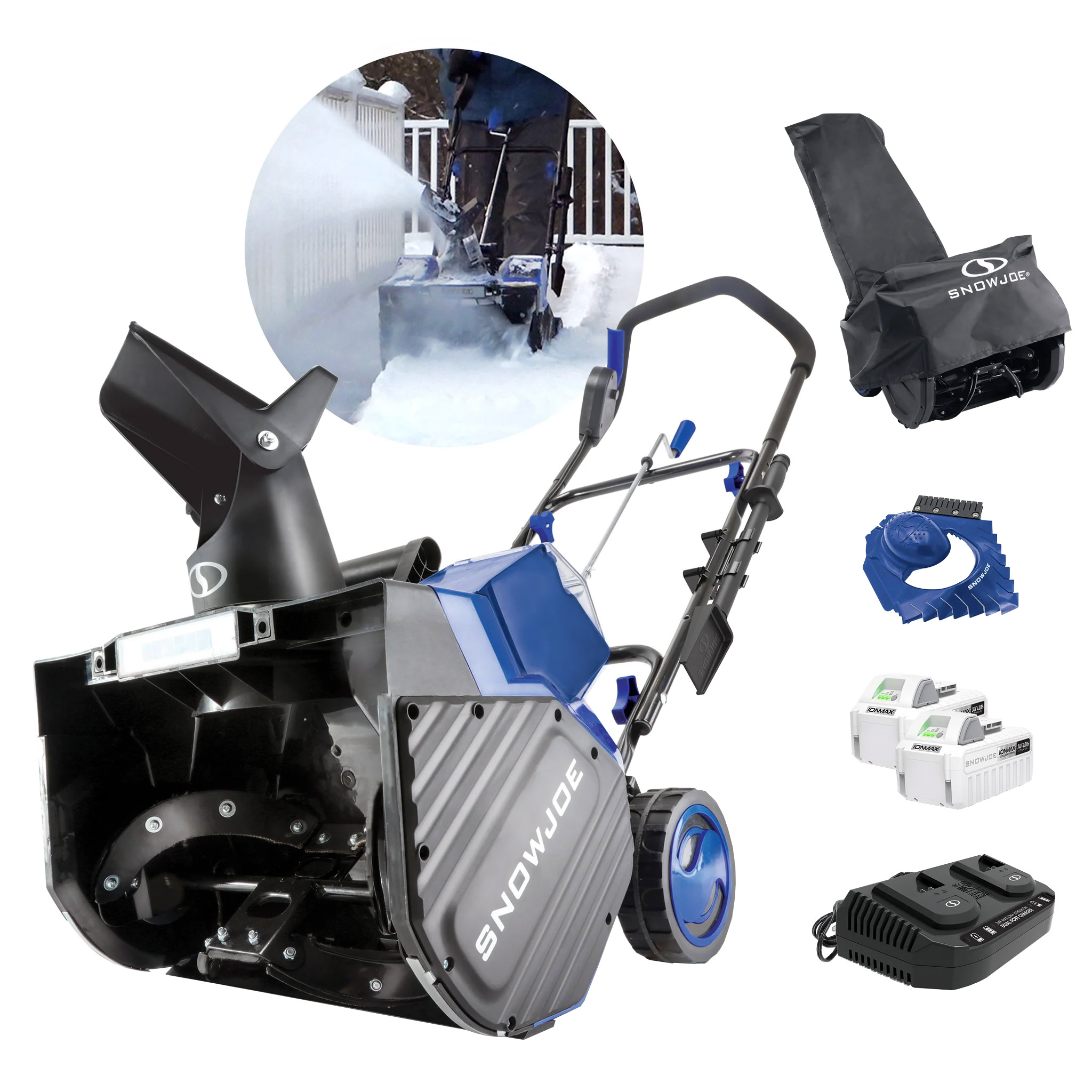 Snow Joe 48-Volt IONMAX Snow Blower Bundle, with Charger, 2 x 5.0 Batteries, Cover and Ice Scraper