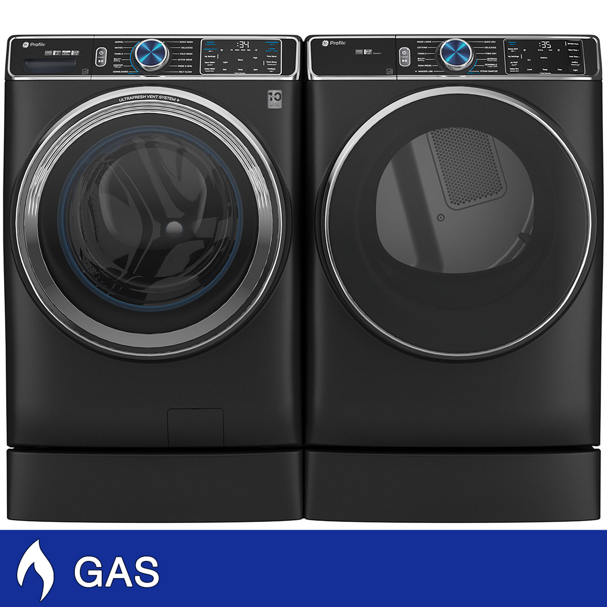 GE Profile 5.5 cu. ft. Smart Front Load Washer with UltraFresh Vent System+ and 7.8 cu. ft. Smart GAS Front Load Dryer with Steam and Sanitize Cycle with 7 inch Risers