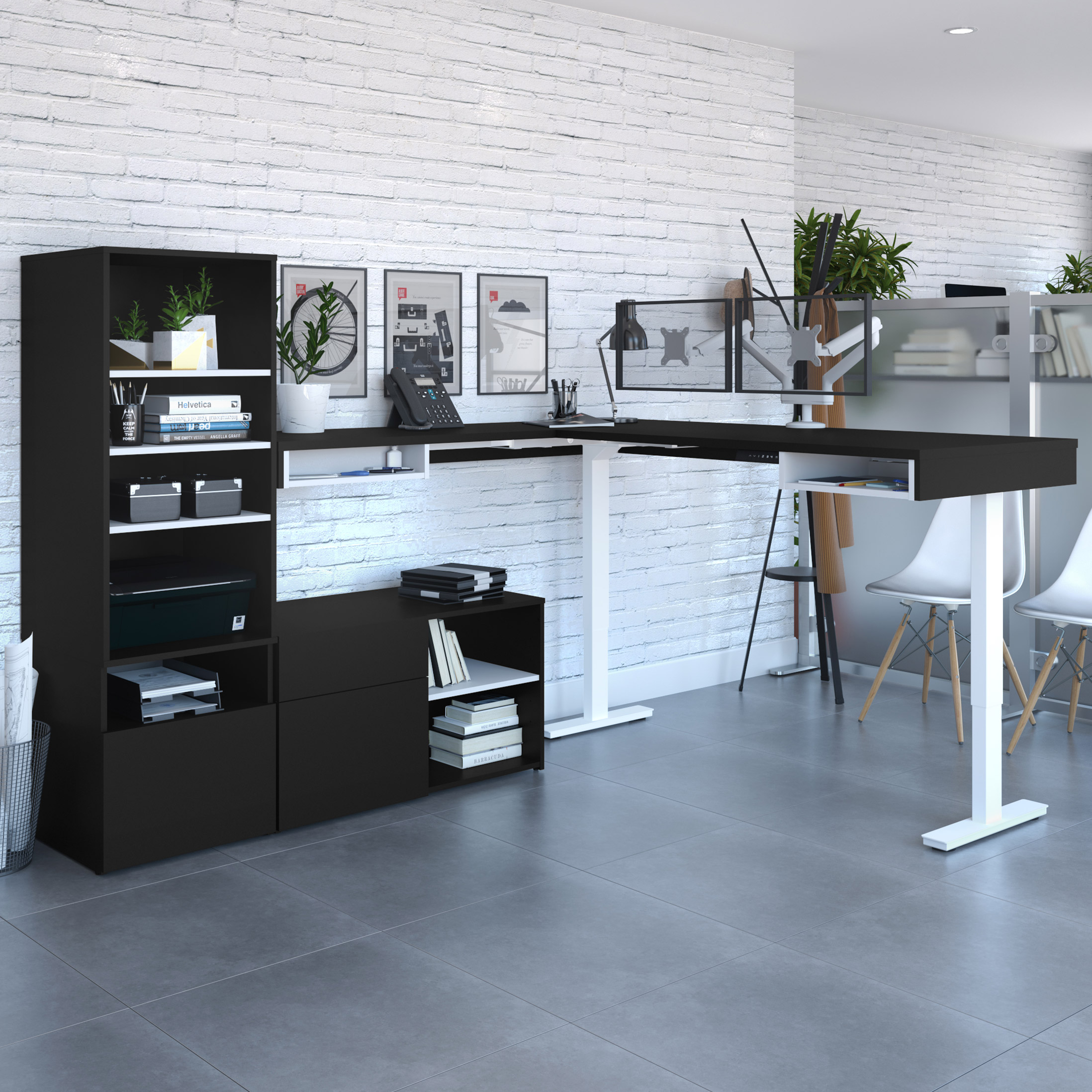 Viva L-Shape Height Sit and Stand Adjustable Workstation with an Adjustable Dual Monitor Arm with Storage tower