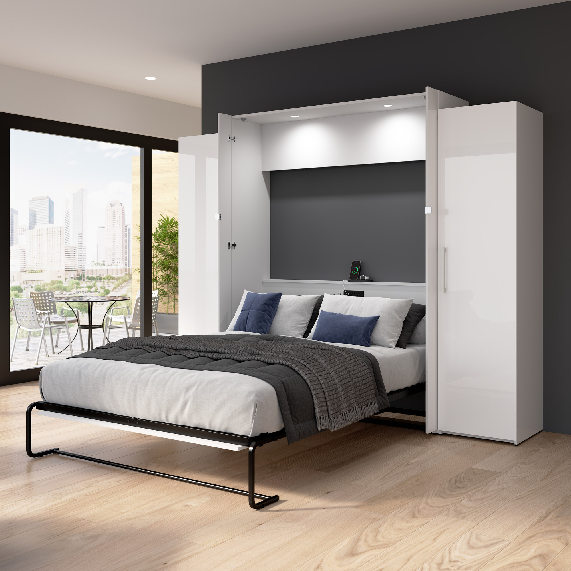 Bestar Avalon Queen Wall Bed with 2 Storage Cabinets, White High Gloss finish