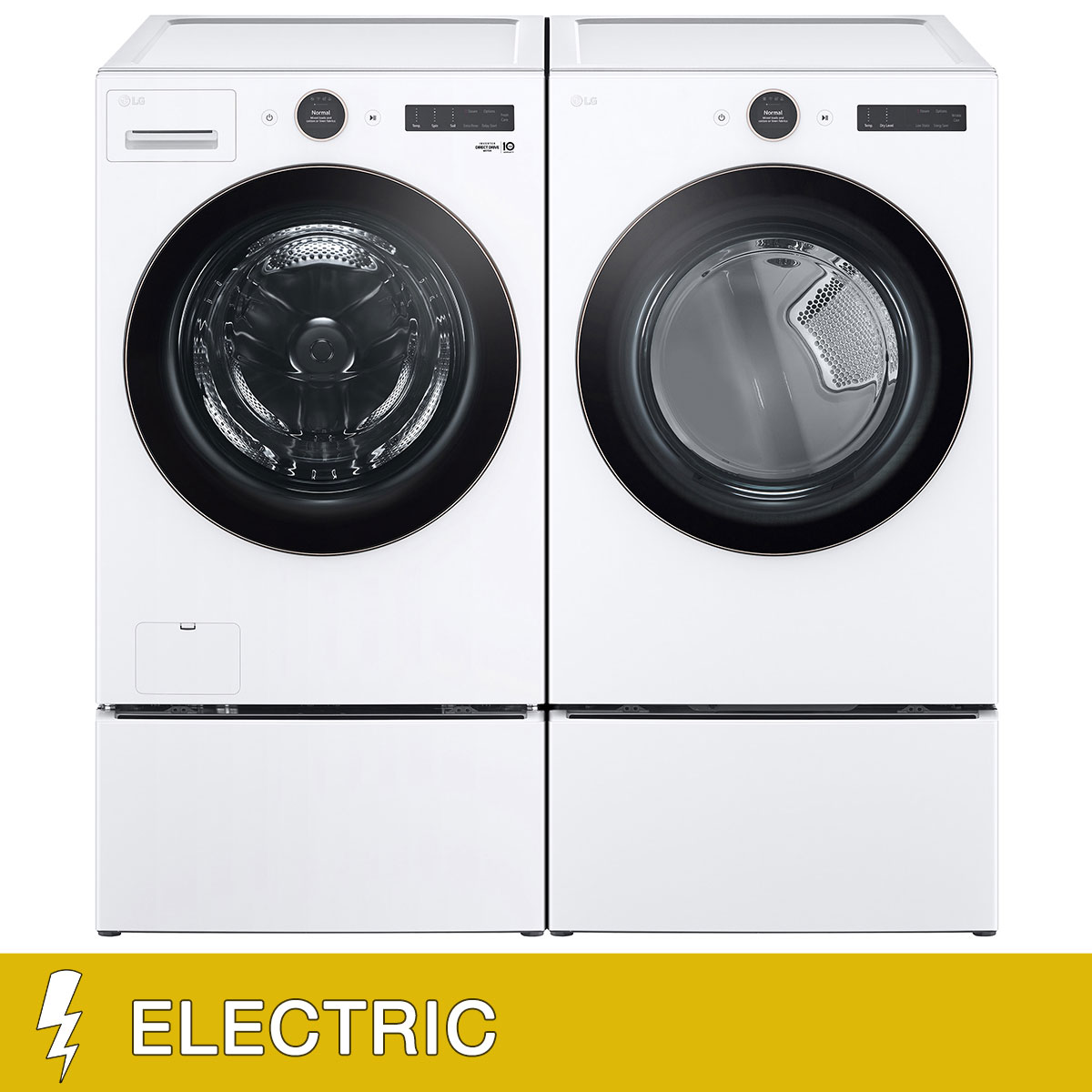 LG 5.0 cu. ft. Mega Capacity Smart Front Load Washer with TurboWash 360 and 7.4 cu. ft. ELECTRIC Dryer with AI Sensor Dry and TurboSteam with Washer and Storage Pedestal