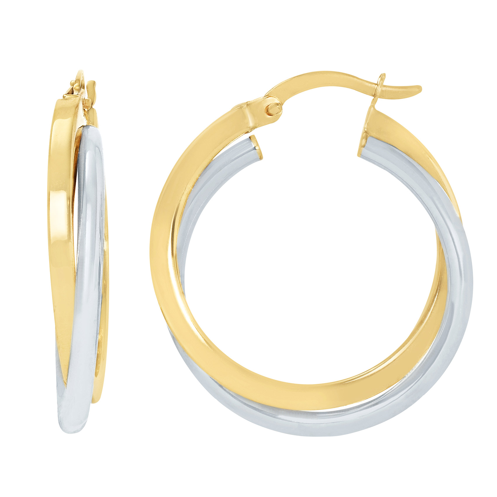 High Polish Twisted Square Tube Round Hoop Earrings in Two-Tone Gold