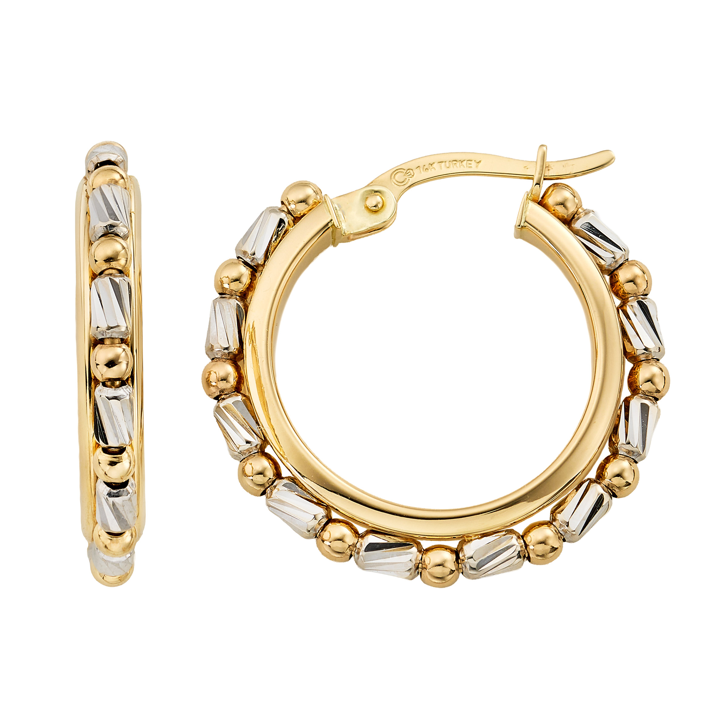 Round and Barrel Bead Hoop Earrings in Two Tone Gold