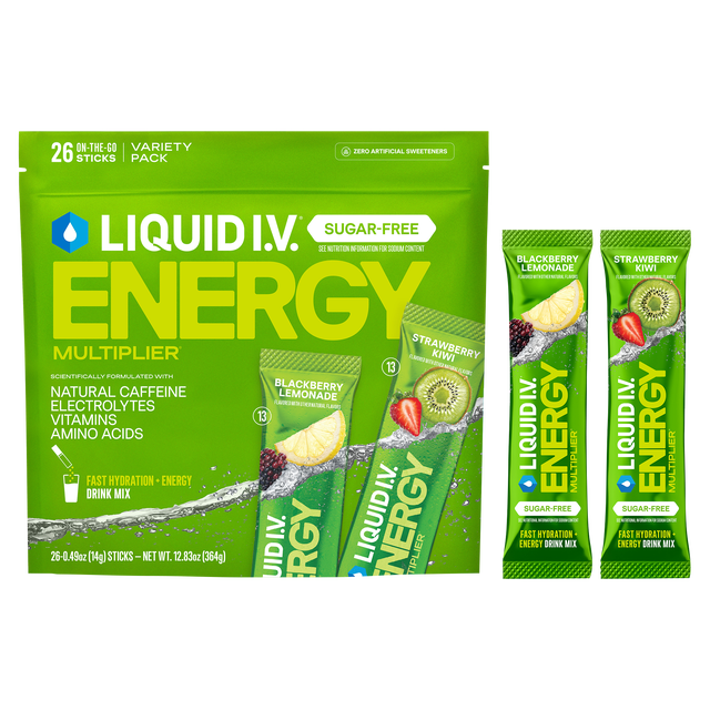 Liquid I.V. Energy Multiplier, 26 Individual Serving Stick Packs in Resealable Pouch, Sugar Free, Variety Pack