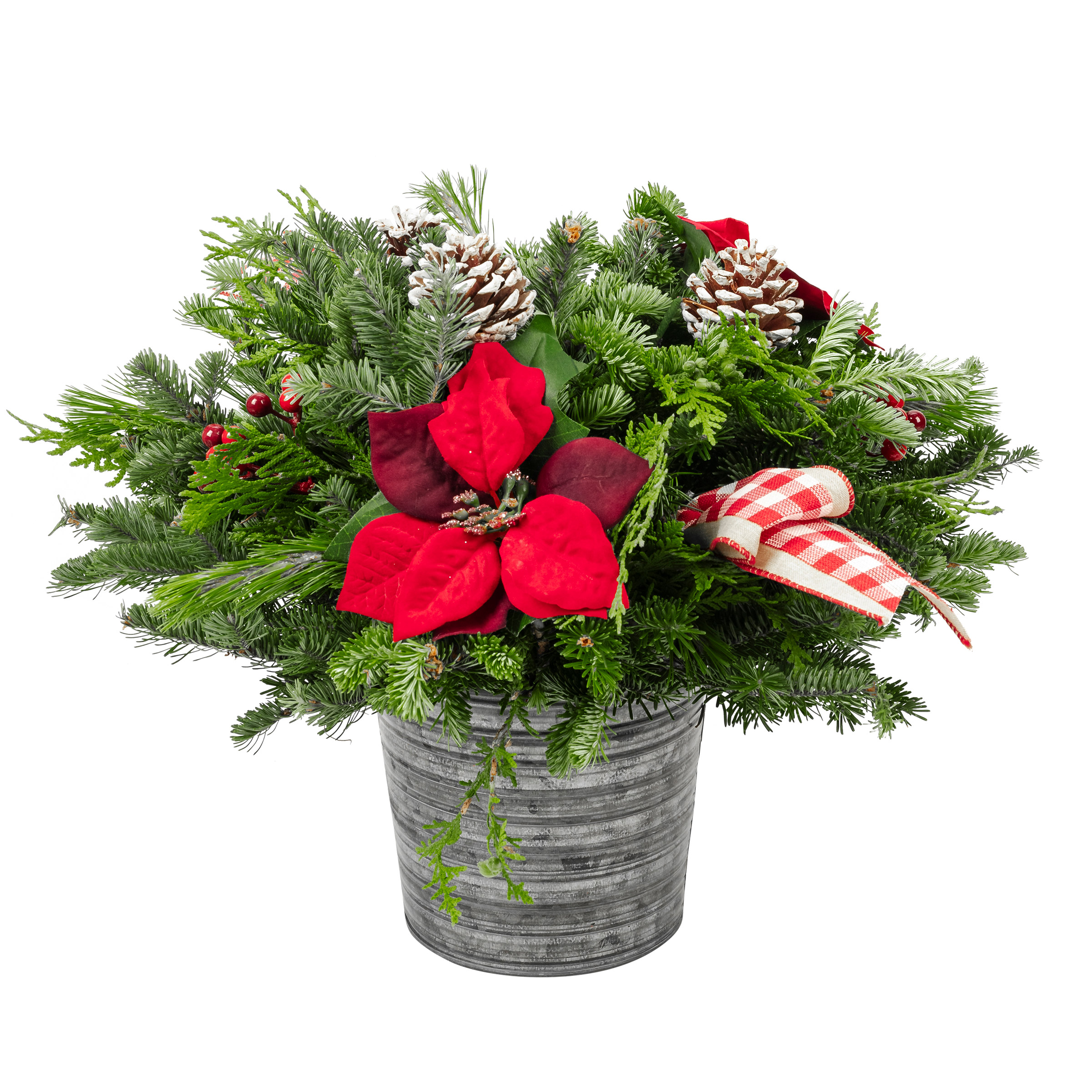 Faux-Poinsettia Indoor Centrepiece - Rustic Galvanized Pot - Country Theme