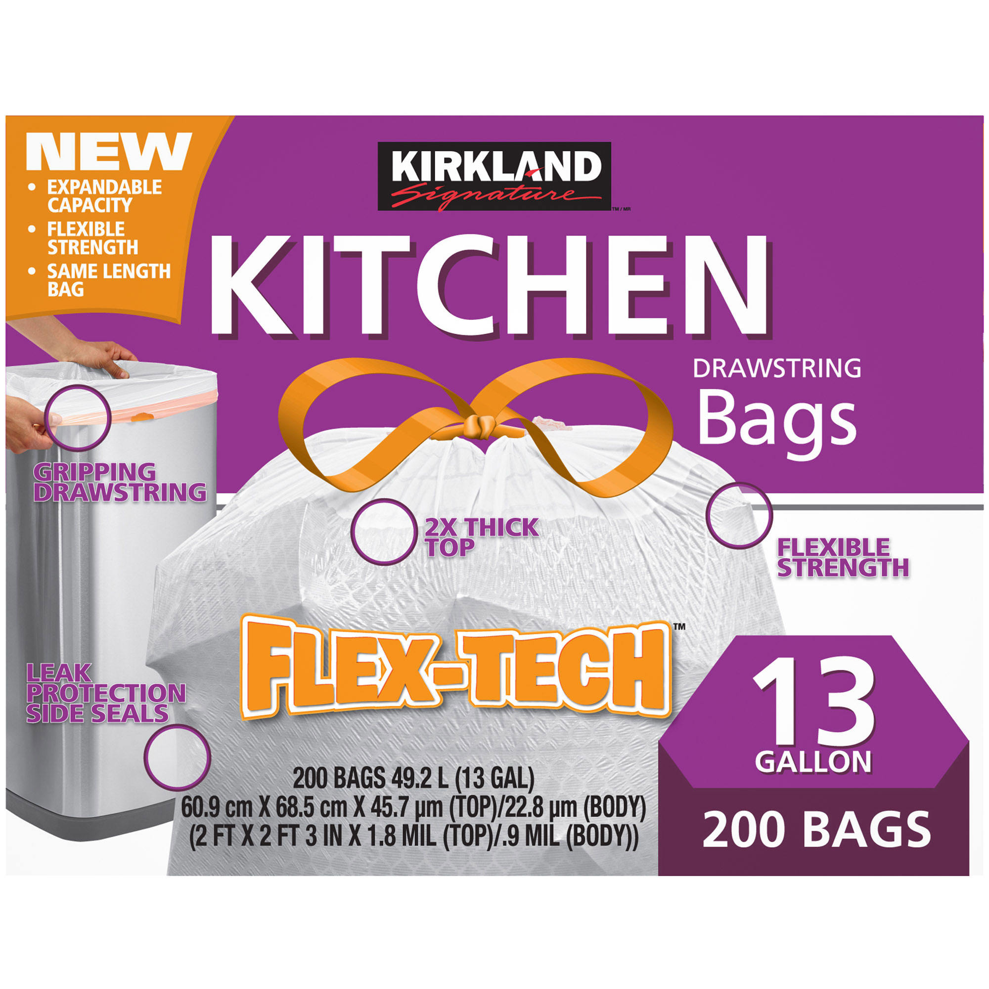 Kirkland Signature Flex-Tech 13-Gallon Kitchen Trash Bag  200-count