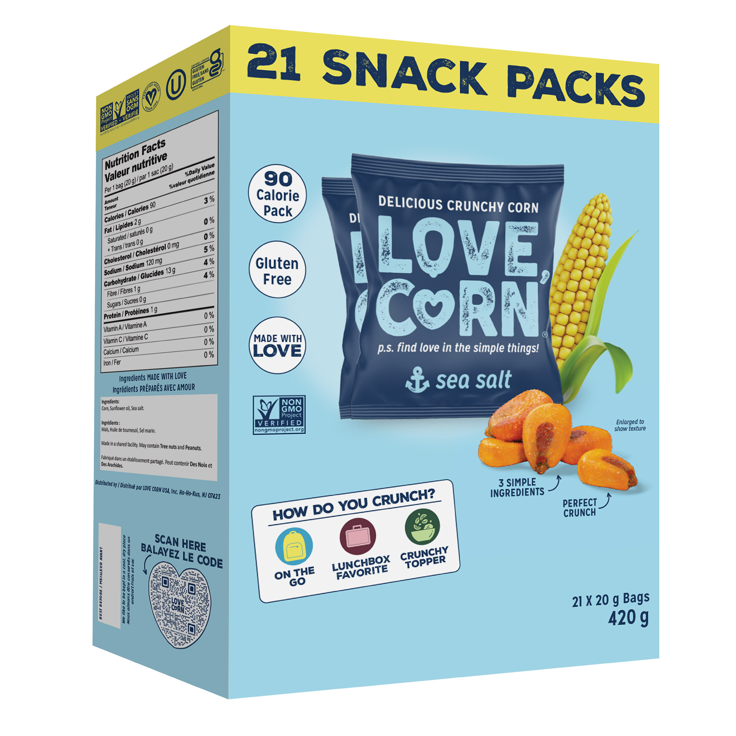 Love Corn Crunchy Corn Snack With Sea Salt, 21 × 20 g