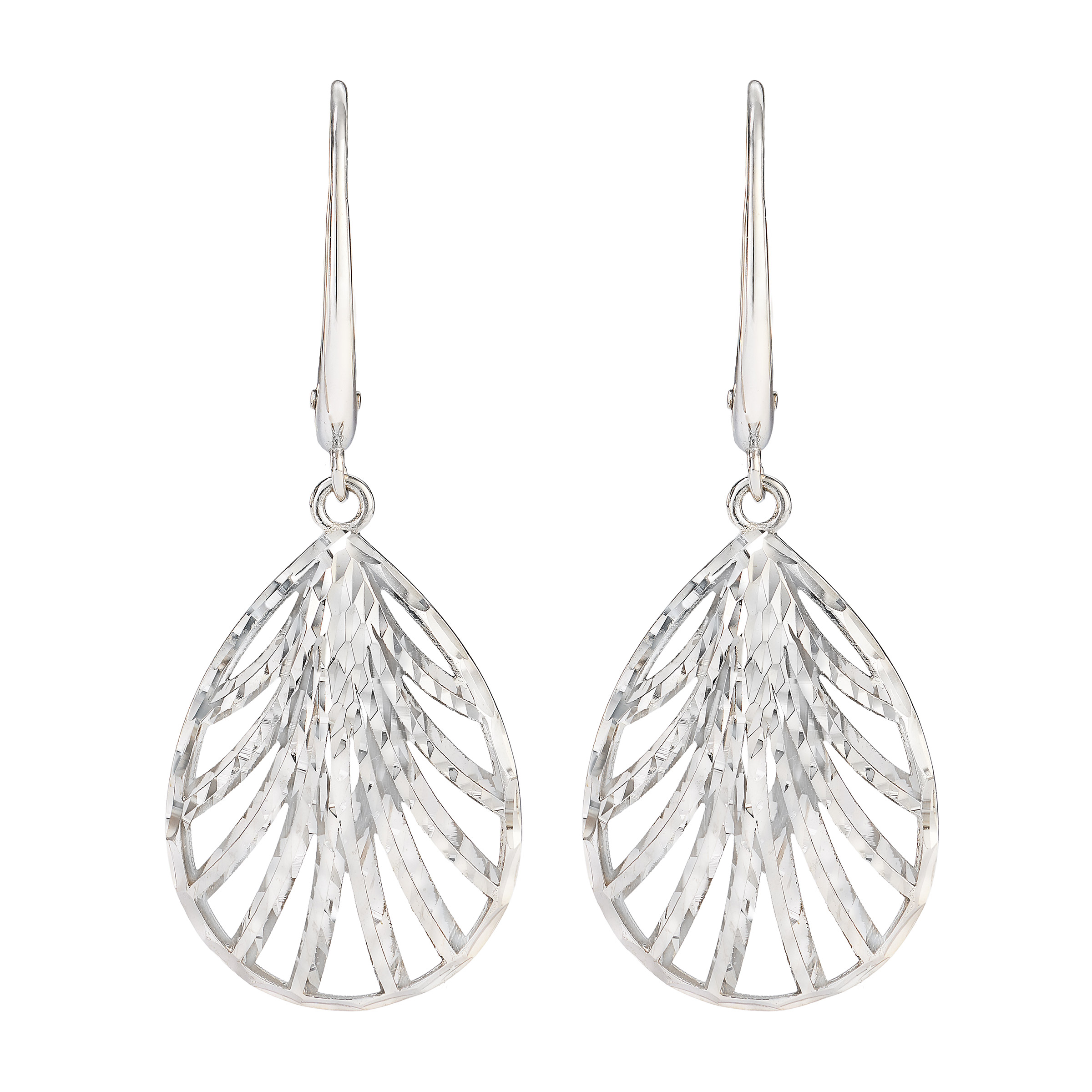 Diamond Cut Leaf Design Dangle Earrings in White Gold