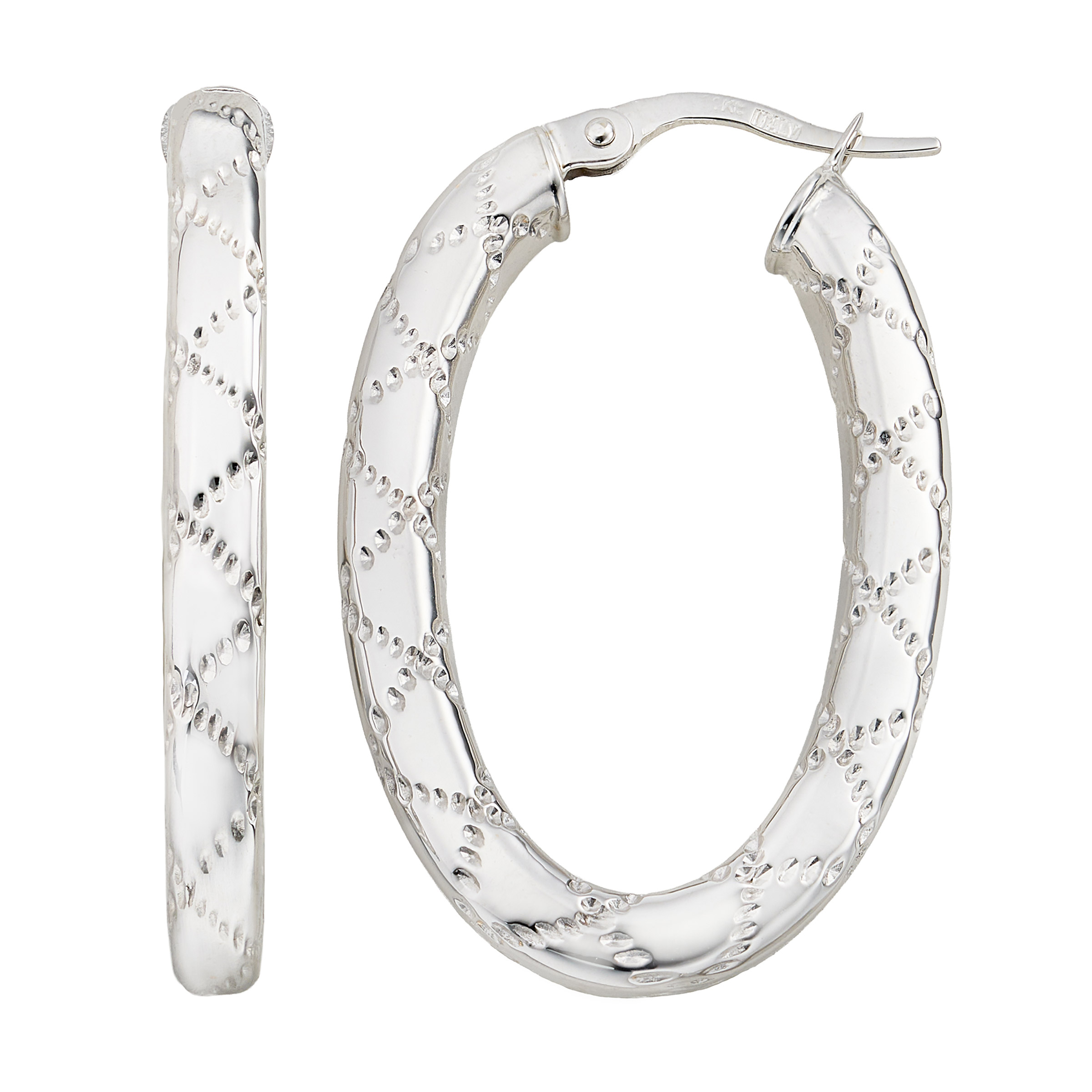 Diamond Cut Zig Zag Oval Hoop Earrings in White Gold