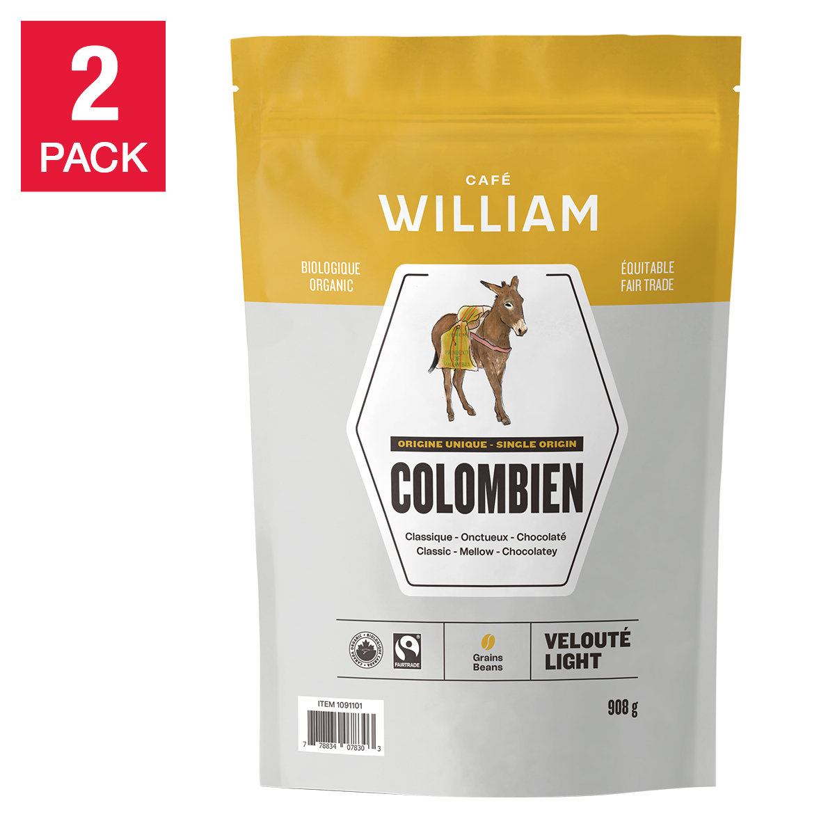 Café William Colombian Light Roast Fairtrade and Organic Whole Bean Coffee, 2-pack