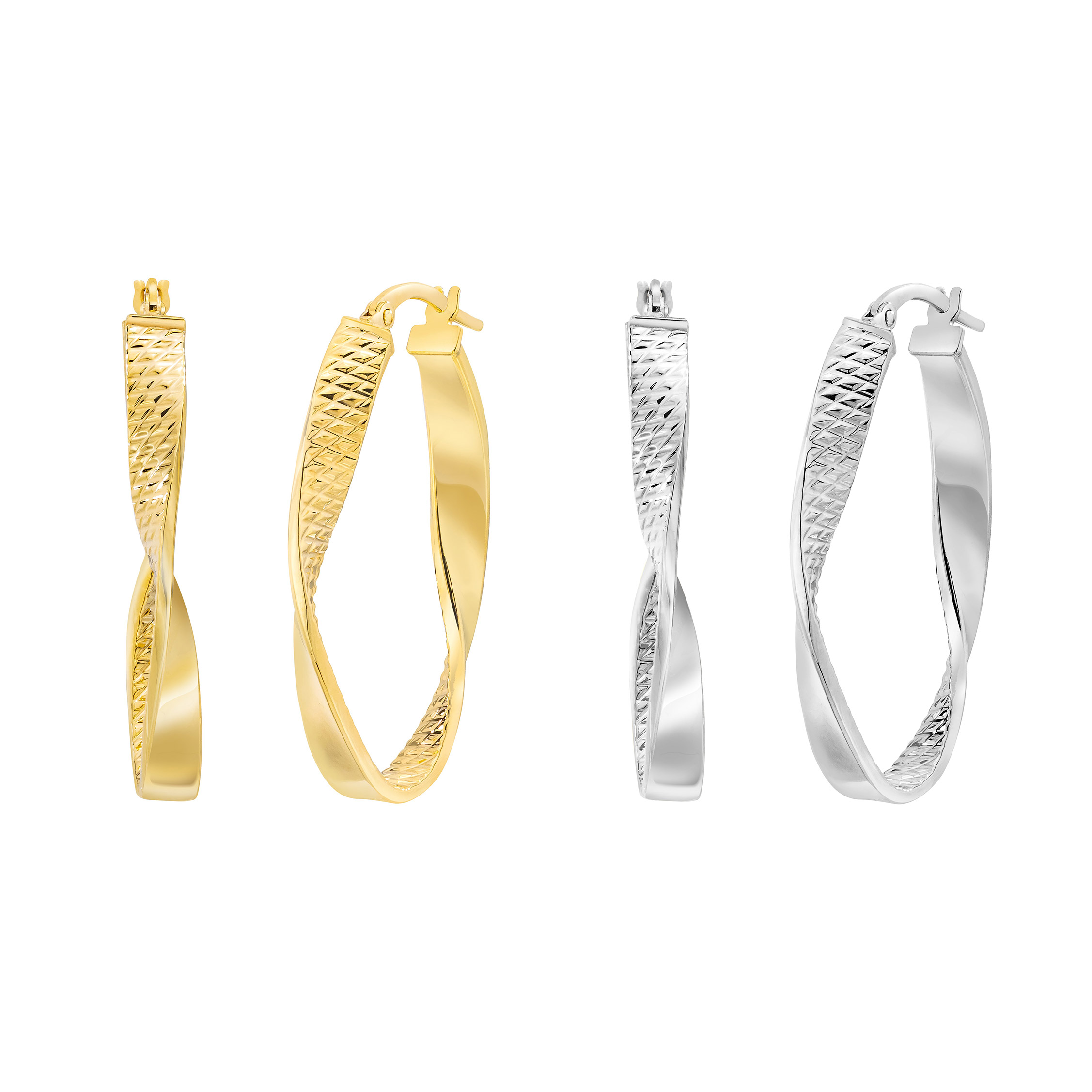High Polish and Diamond Cut Twisted Oval Hoop Earrings in Yellow or White Gold