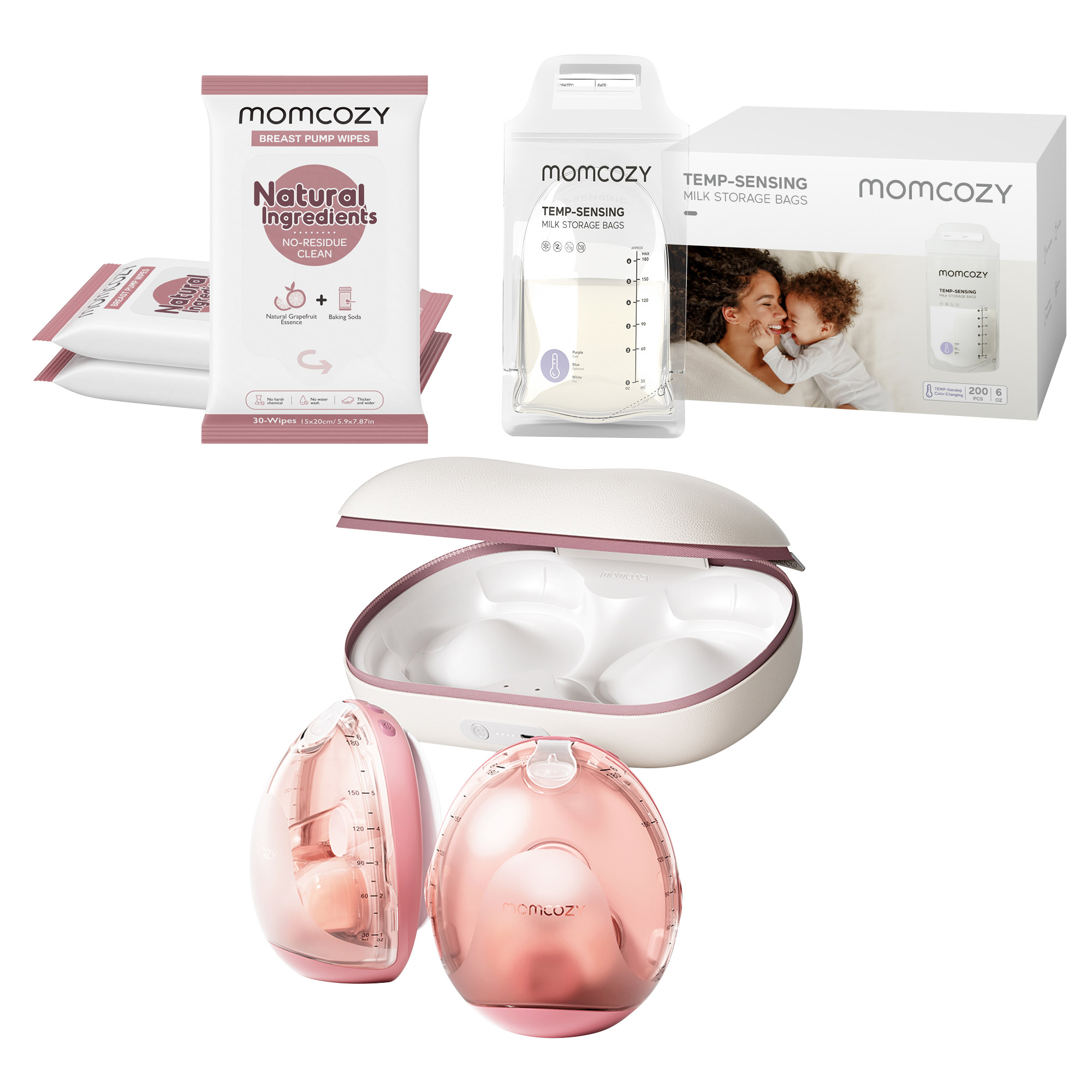 Momcozy Breast Pump + Milk Storage Bags + Breast Pump Wipes