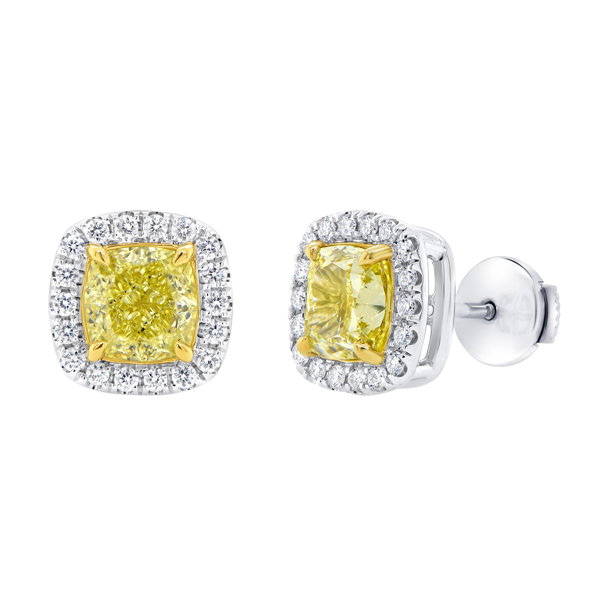 Cushion Cut 3.00 ctw Center VS2 Clarity  Fancy Yellow Diamond 18kt White Gold Earrings