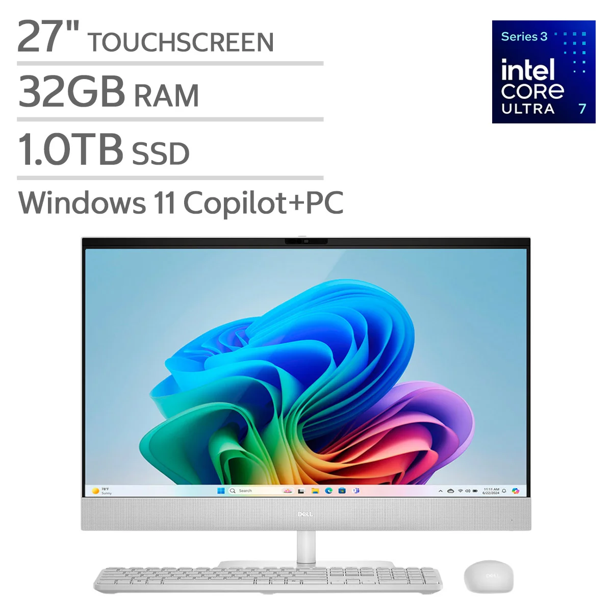 Dell 27 All-in-One, Intel Core Ultra 7-355, 27.0-inch, FHD IPS (1920x1080), Touch, Intel Graphics Windows 11