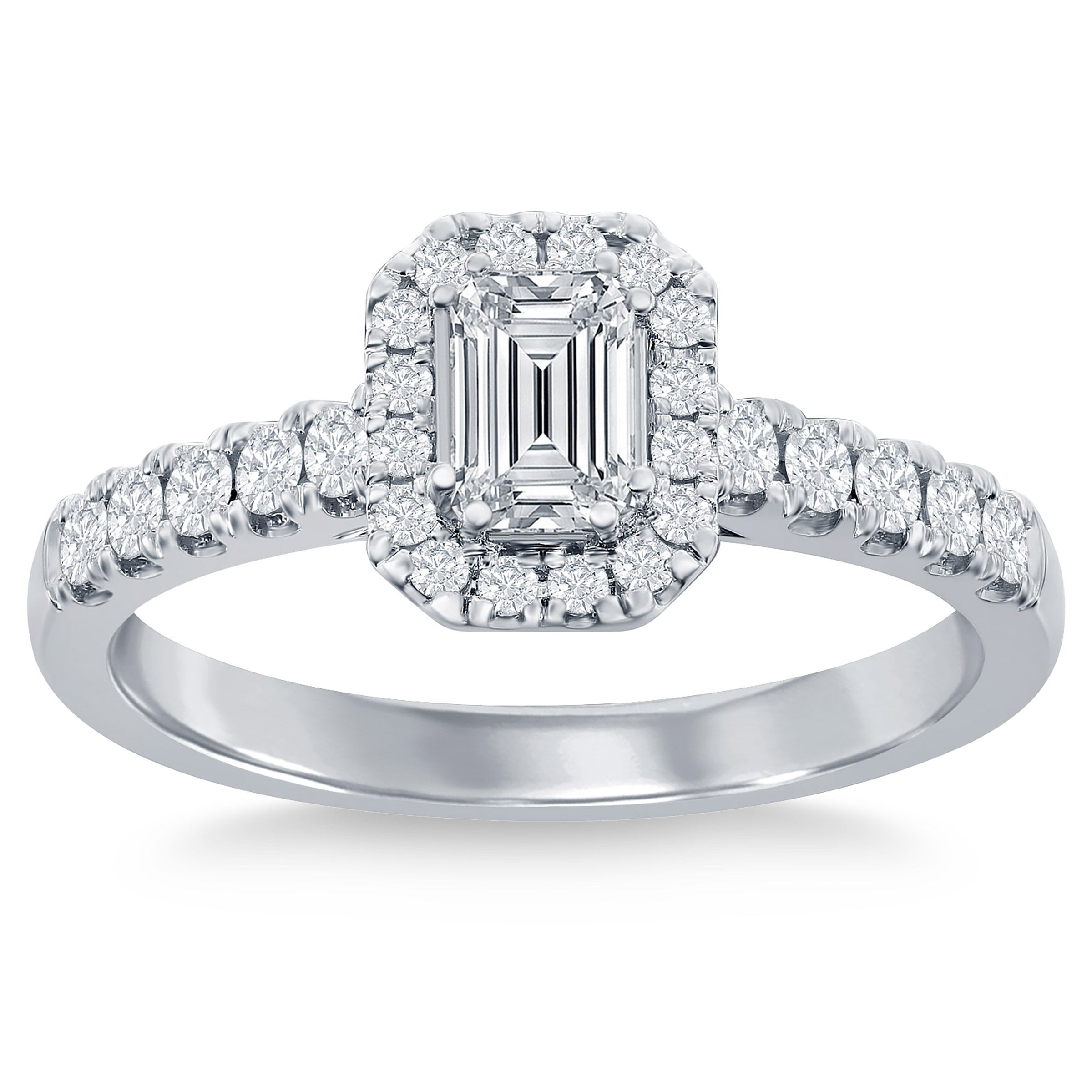 Emerald Cut and Round Brilliant Diamond Halo Ring (0.86 ctw)