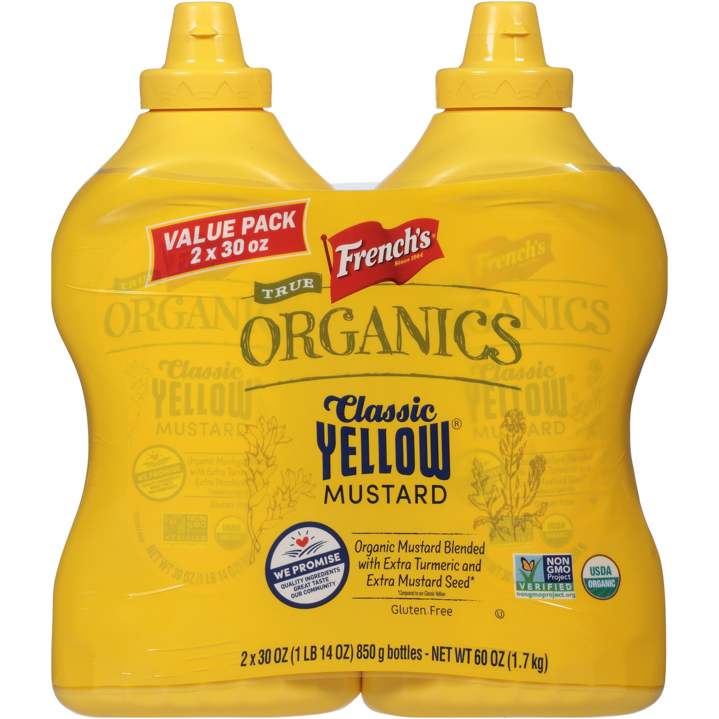French's True Organics Classic Yellow Mustard, Value Pack, 30 oz, 2 ct