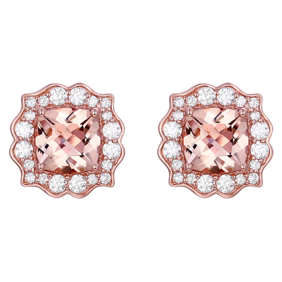 Cushion Cut Morganite and Diamond Stud Earrings (0.42 ctw)