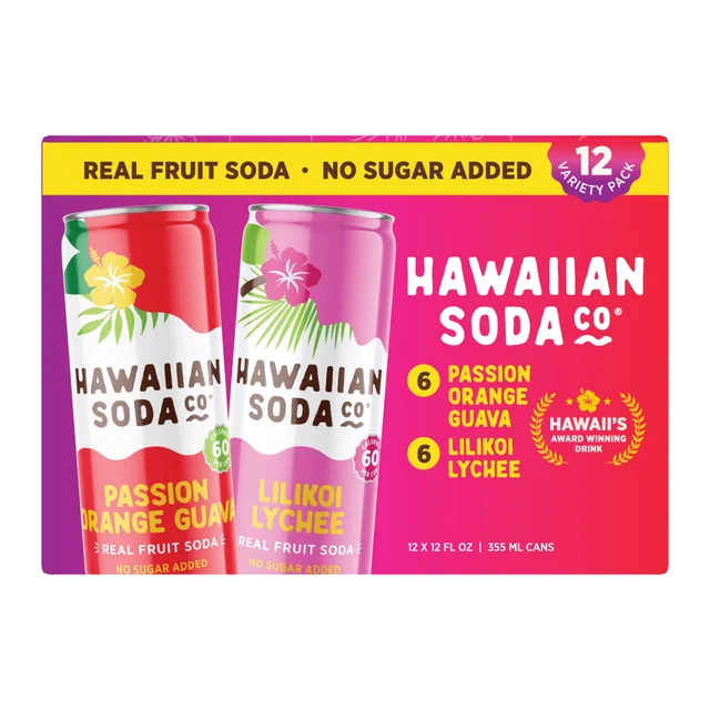 HAWAIIAN SODA CO. VARIETY PACK 12 PACK 12 OUNCES EACH